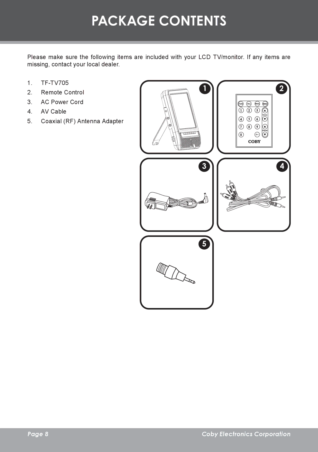 COBY electronic TF-TV705 instruction manual Package Contents 