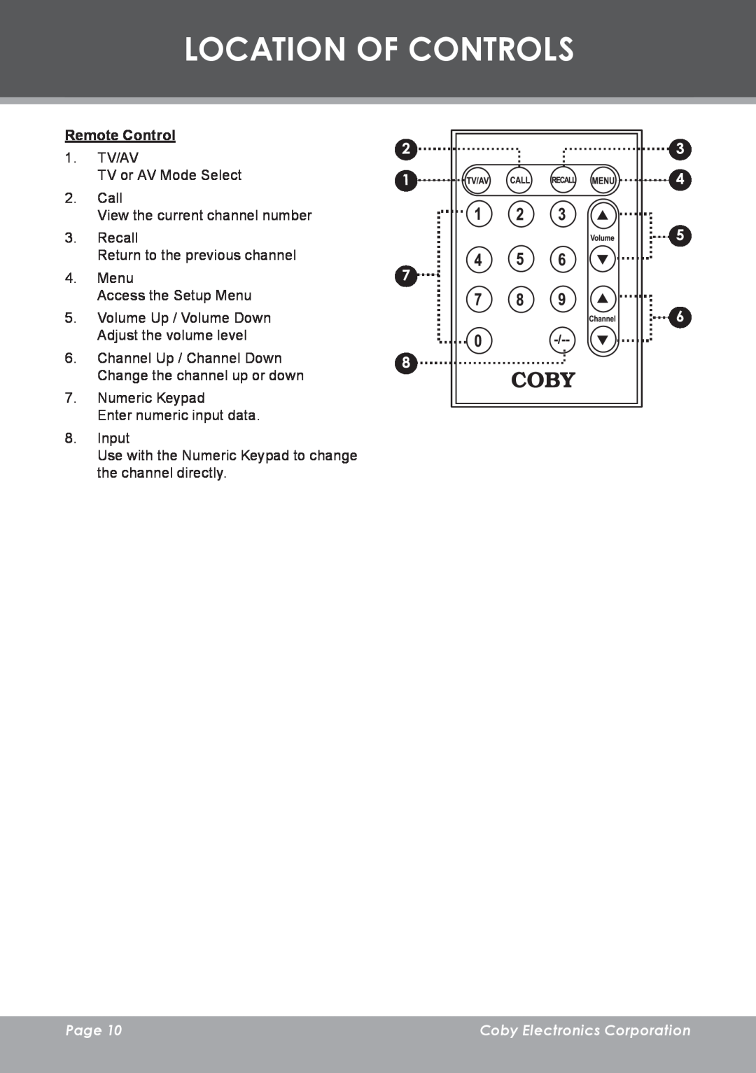 COBY electronic TF-TV705 instruction manual Remote Control, Page, Location Of Controls, Coby Electronics Corporation 