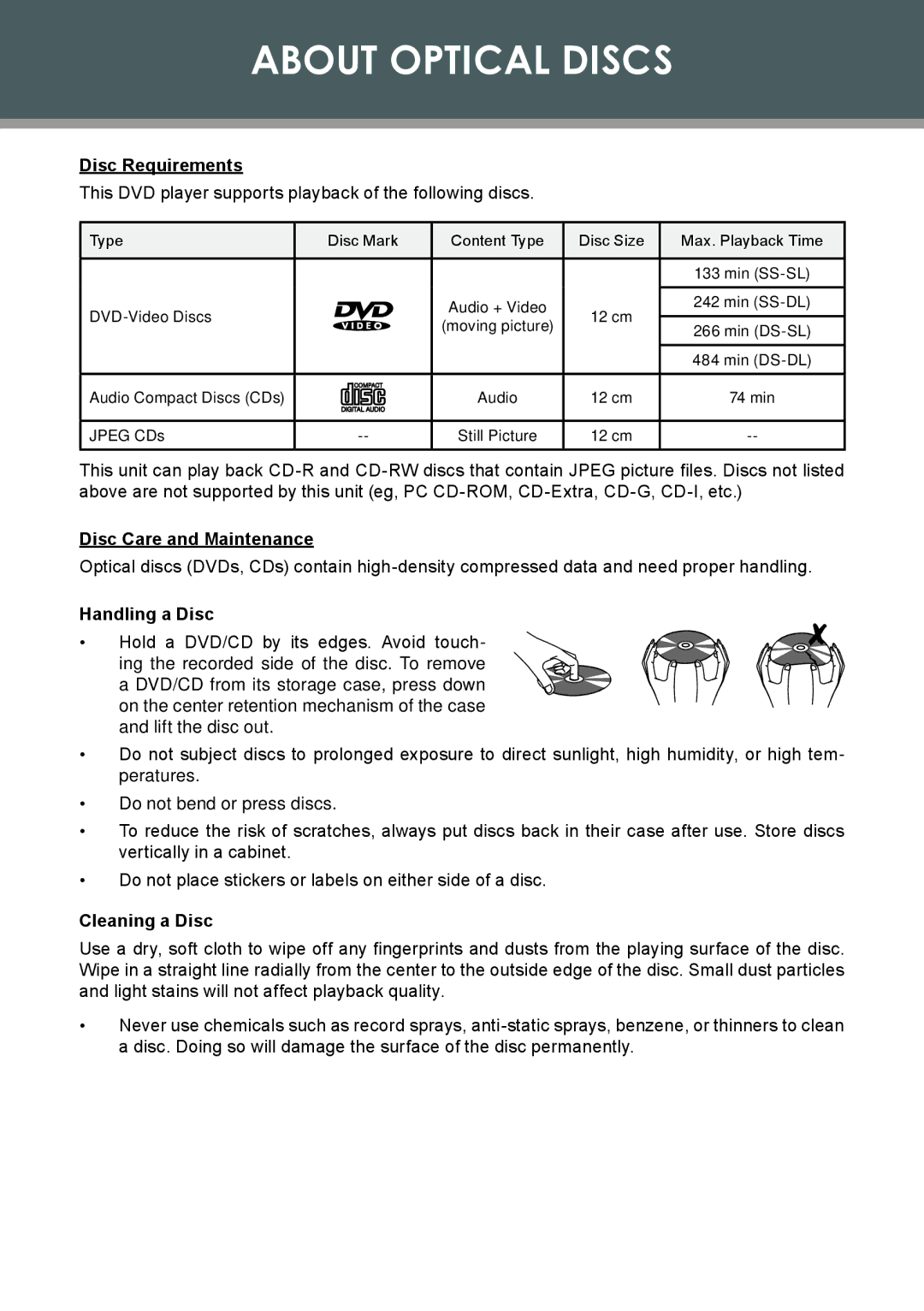 COBY electronic TFDVD1029, 907-FD10-29S1-00R instruction manual About Optical Discs, Disc Requirements 