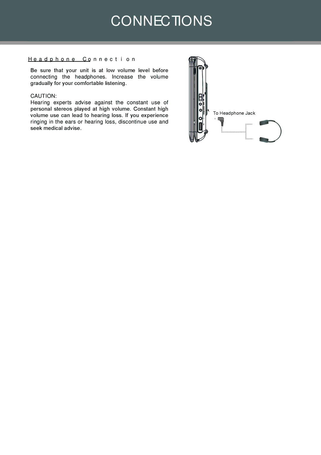 COBY electronic TFDVD1029, 907-FD10-29S1-00R instruction manual Headphone Connection 