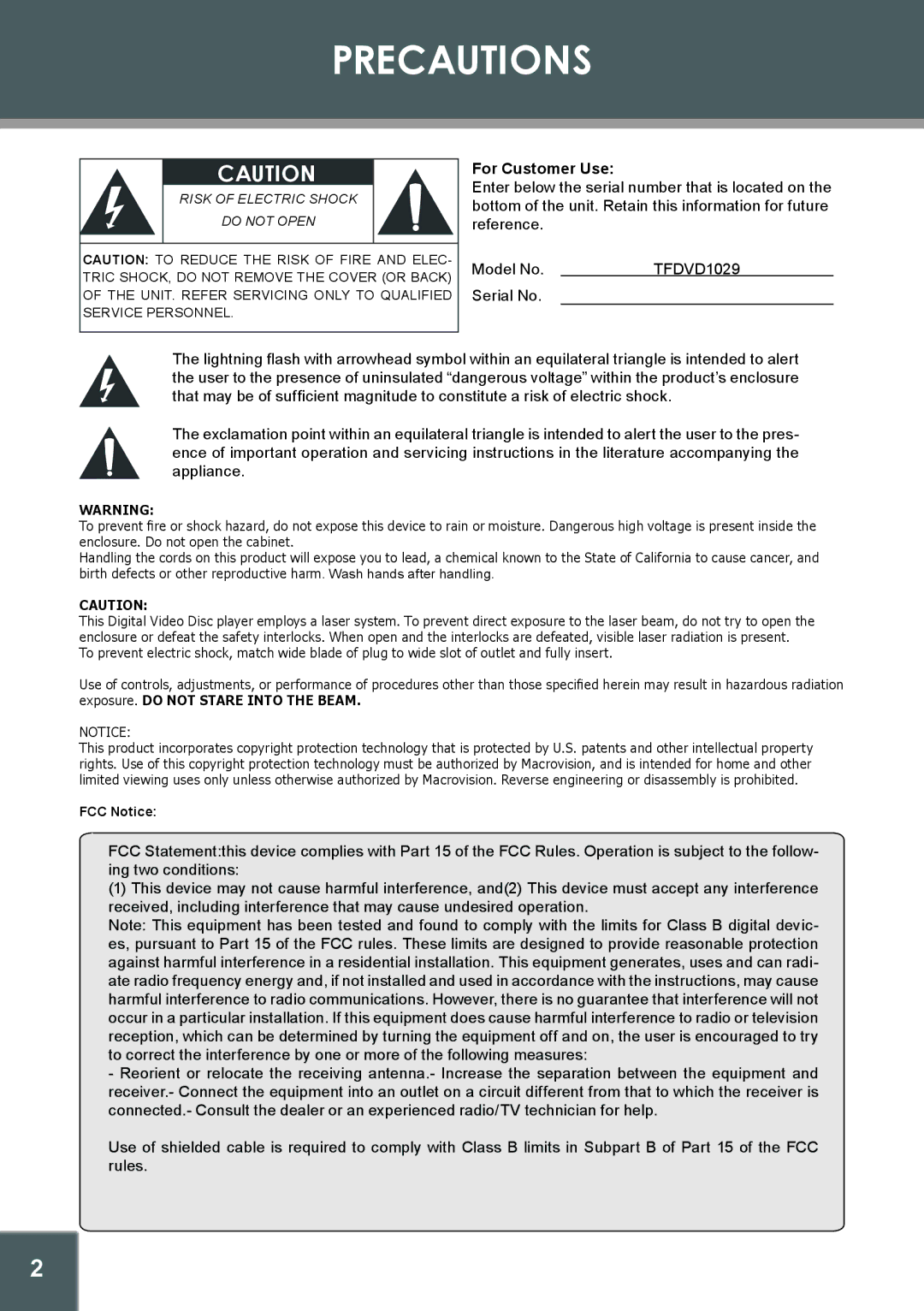 COBY electronic TFDVD1029, 907-FD10-29S1-00R instruction manual Precautions, For Customer Use 