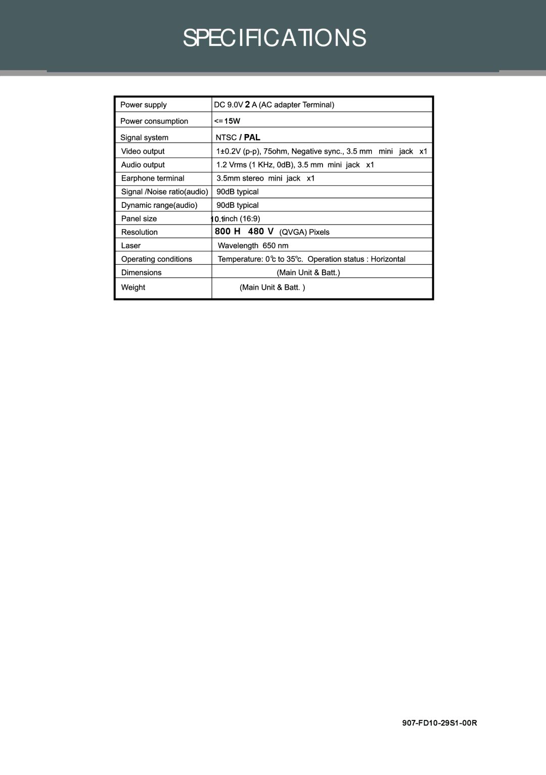 COBY electronic 907-FD10-29S1-00R, TFDVD1029 instruction manual Specifications 