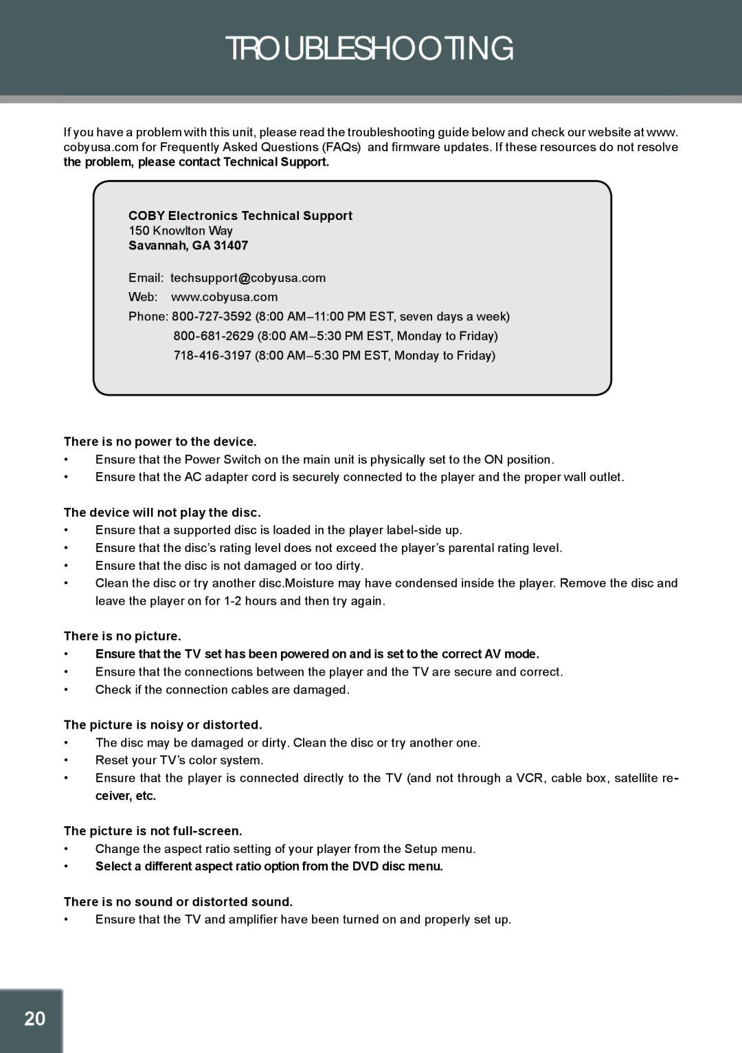 COBY electronic TFDVD1029, 907-FD10-29S1-00R instruction manual Troubleshooting 