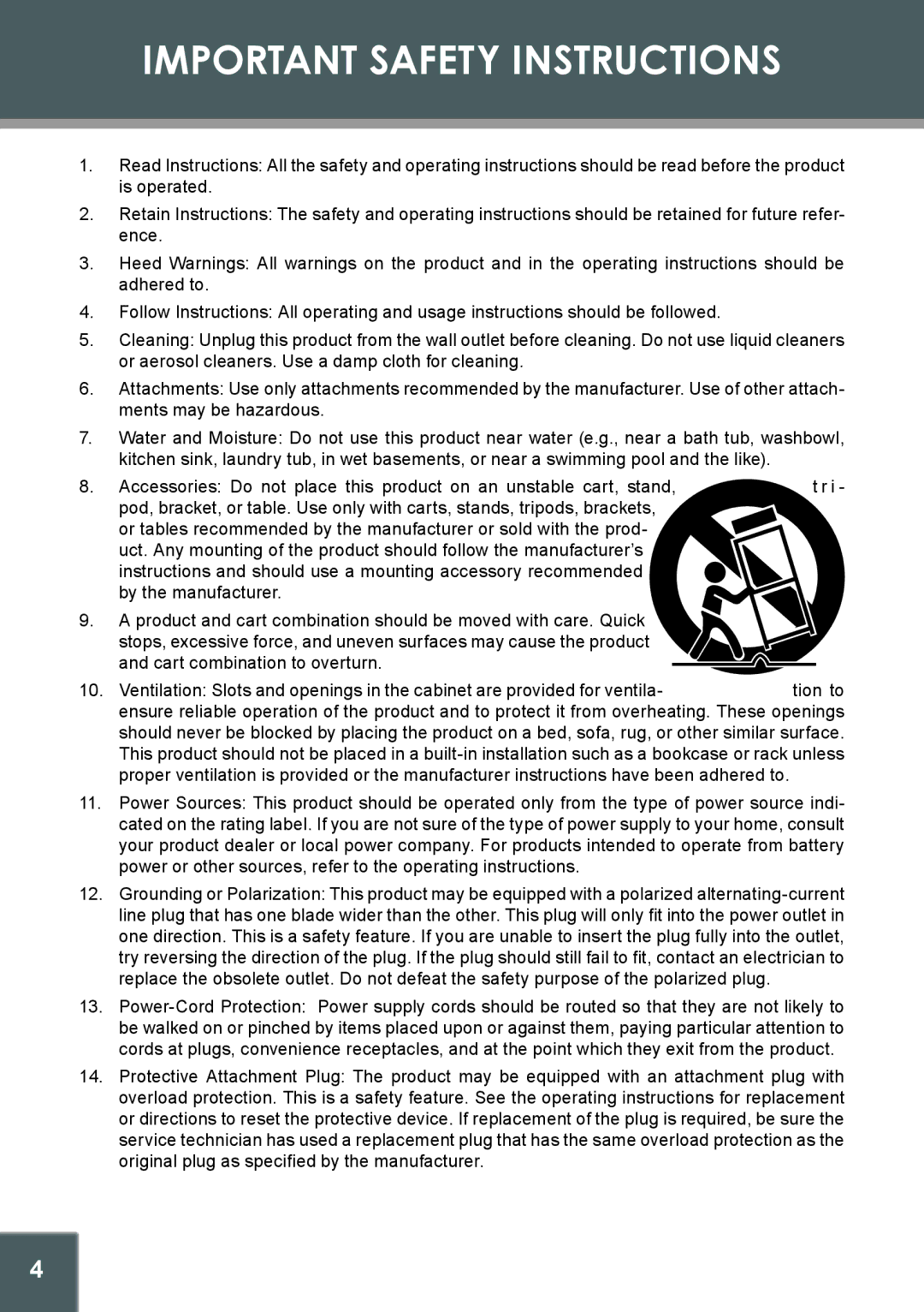 COBY electronic TFDVD1029, 907-FD10-29S1-00R instruction manual Important Safety Instructions 