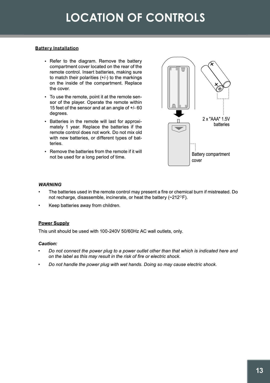 COBY electronic 907-FD10-29S1-00R, TFDVD1029 instruction manual Location Of Controls, Battery Installation 