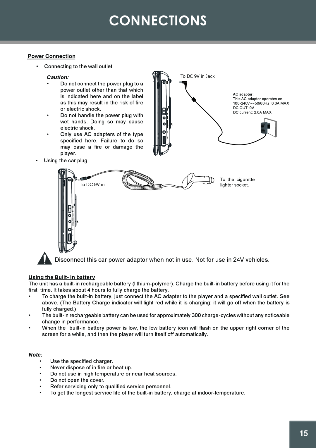 COBY electronic 907-FD10-29S1-00R, TFDVD1029 instruction manual Connections, Power Connection, Using the Built- in battery 