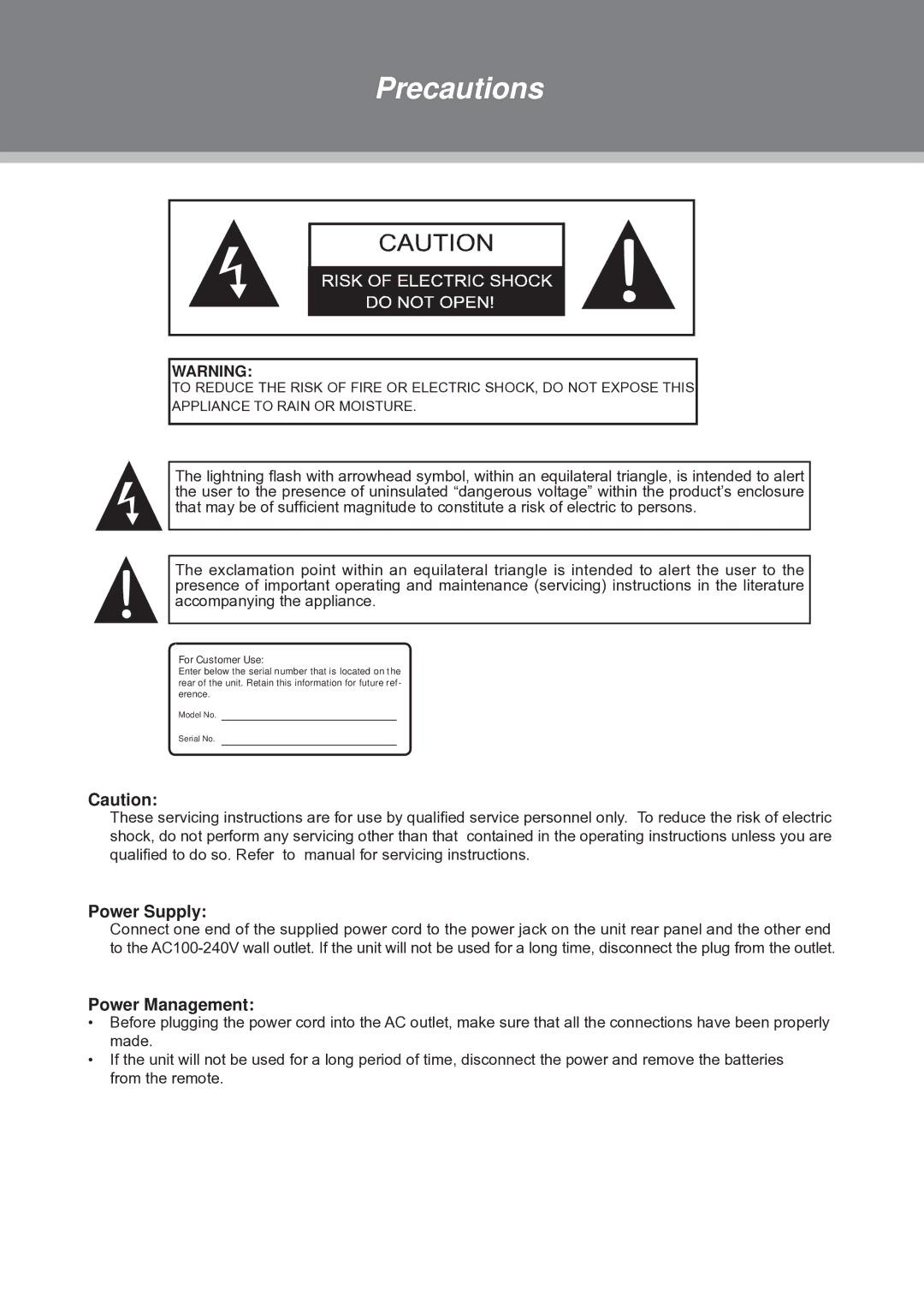 COBY electronic TFDVD1973, TFDVD1574, TFDVD2274 instruction manual Precautions, Power Supply, Power Management 