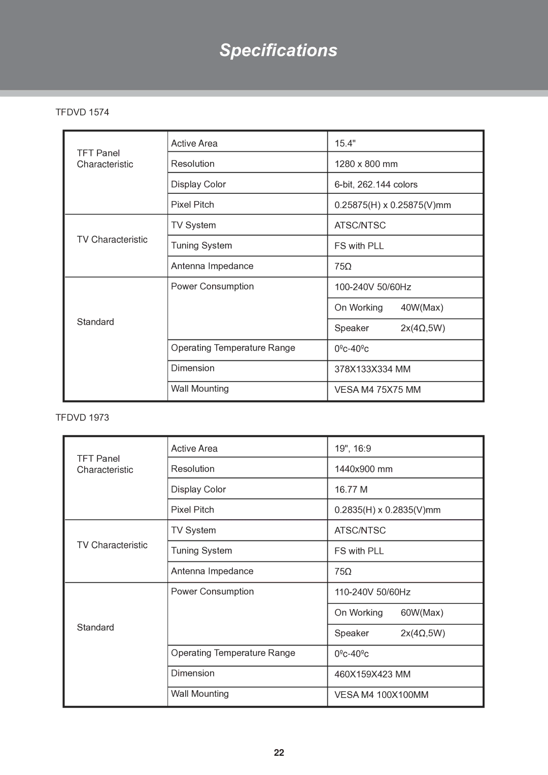 COBY electronic TFDVD2274, TFDVD1574, TFDVD1973 instruction manual Specifications, Atsc/Ntsc 