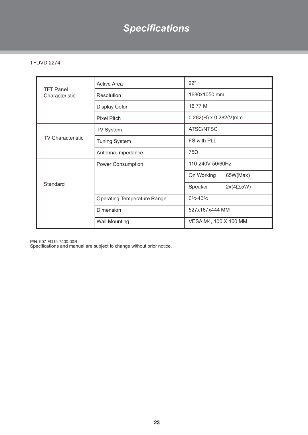 COBY electronic TFDVD1973, TFDVD1574, TFDVD2274 instruction manual 907-FD15-7400-00R 