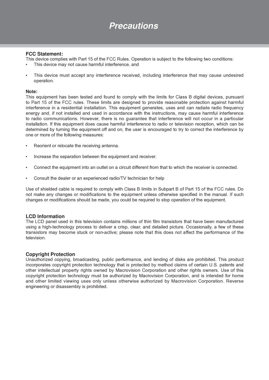 COBY electronic TFDVD1574, TFDVD2274, TFDVD1973 instruction manual FCC Statement, LCD Information, Copyright Protection 