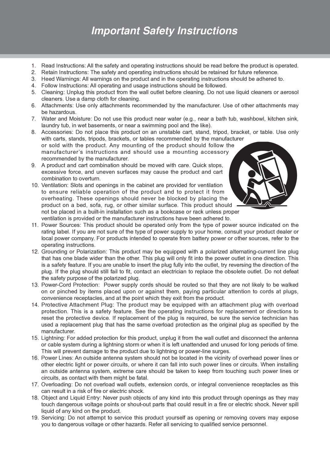 COBY electronic TFDVD2274, TFDVD1574, TFDVD1973 instruction manual Important Safety Instructions 