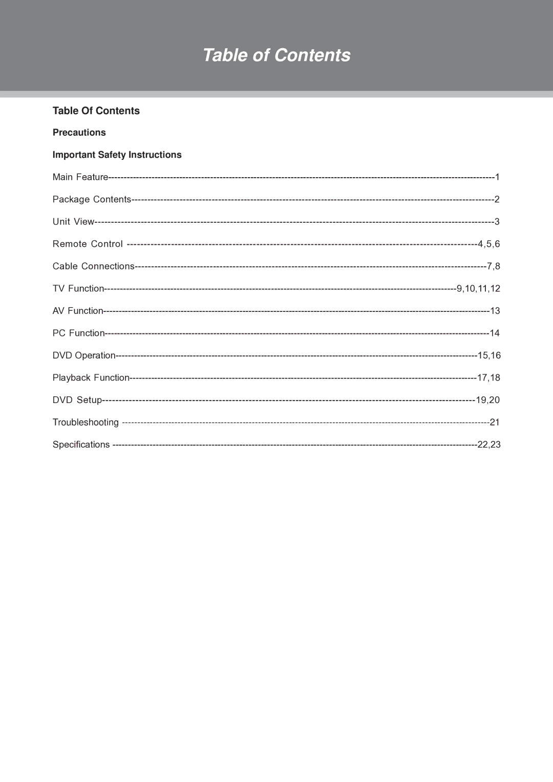 COBY electronic TFDVD1574, TFDVD2274, TFDVD1973 instruction manual Table of Contents 