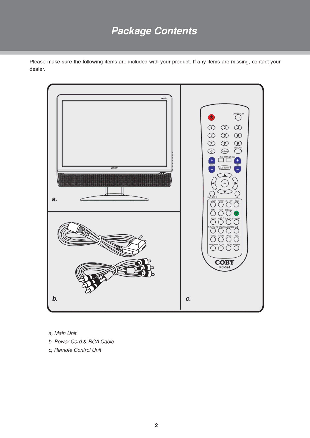 COBY electronic TFDVD1973, TFDVD1574, TFDVD2274 instruction manual Package Contents 