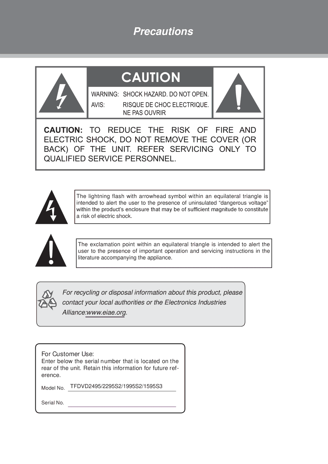 COBY electronic TFDVD1995S2, TFDVD2495, TFDVD1595S3, TFDVD2295S2 manual Precautions, For Customer Use 