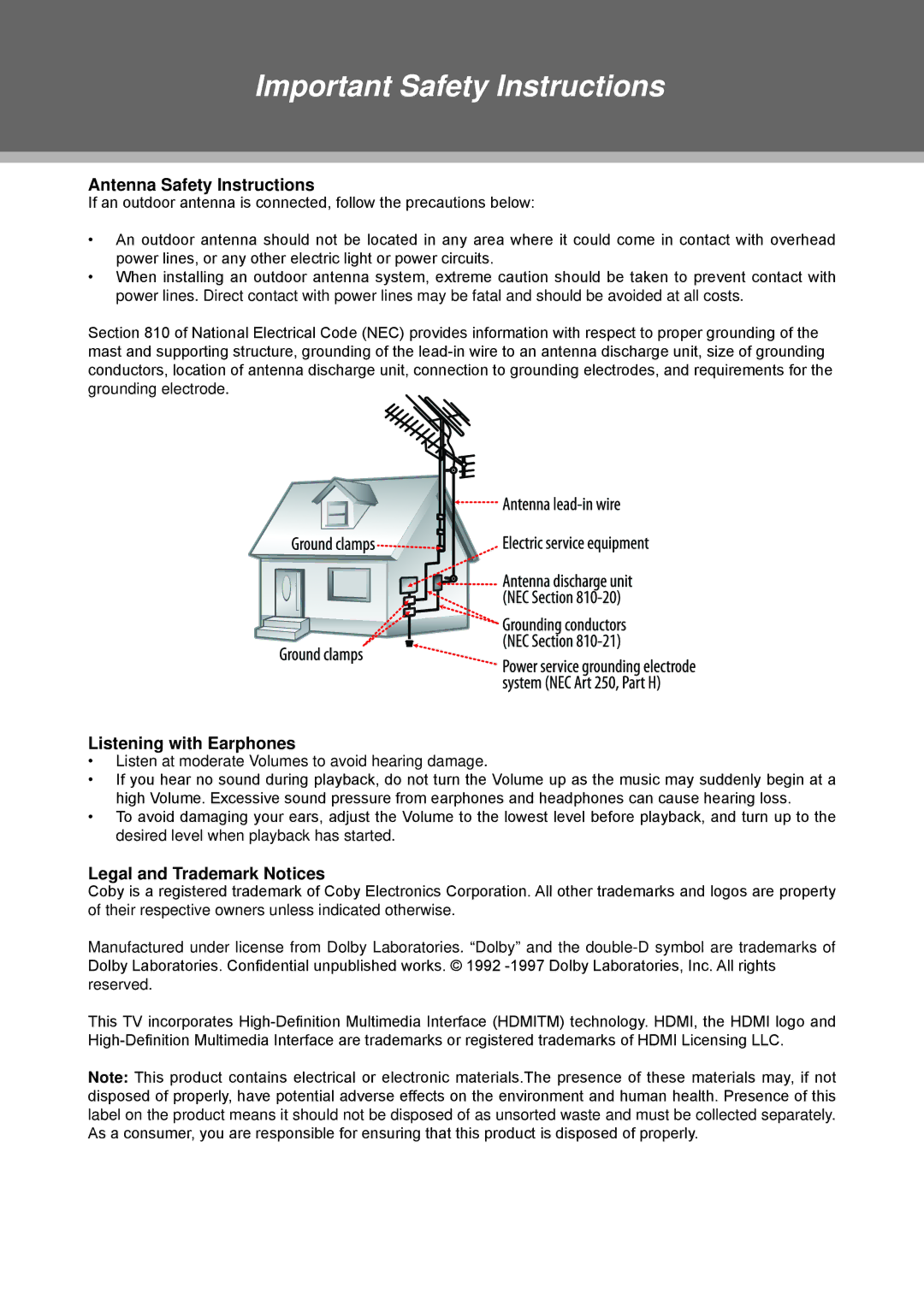 COBY electronic TFDVD2495, TFDVD1995S2 Antenna Safety Instructions, Listening with Earphones, Legal and Trademark Notices 