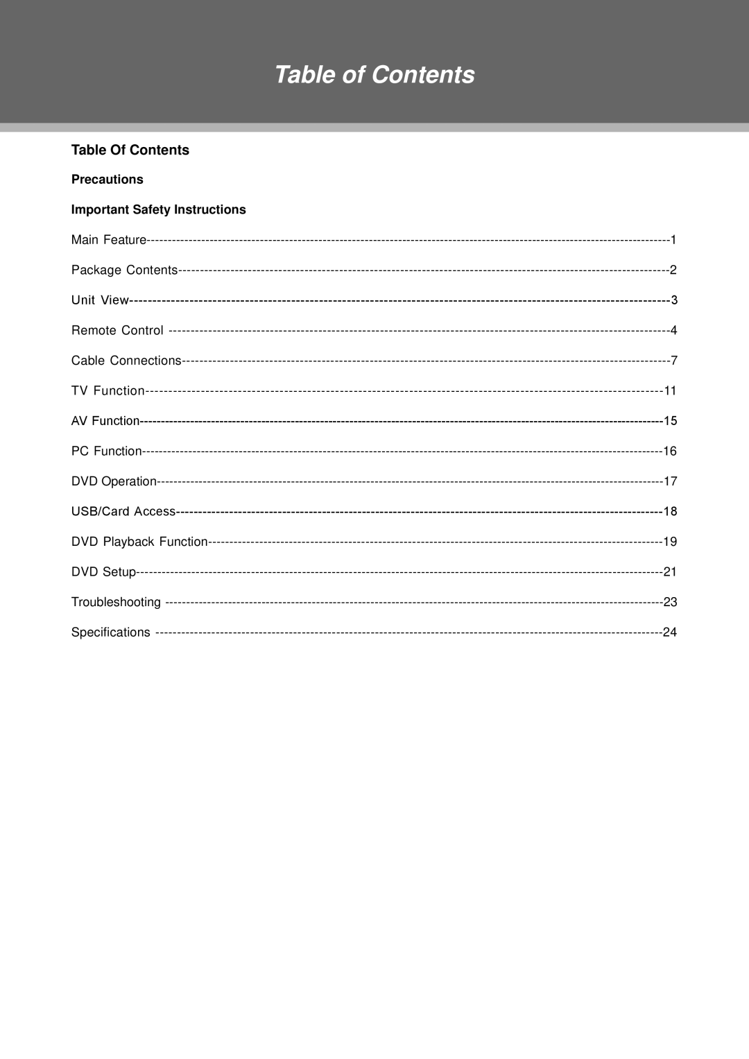 COBY electronic TFDVD1995S2, TFDVD2495, TFDVD1595S3, TFDVD2295S2 manual Table of Contents 