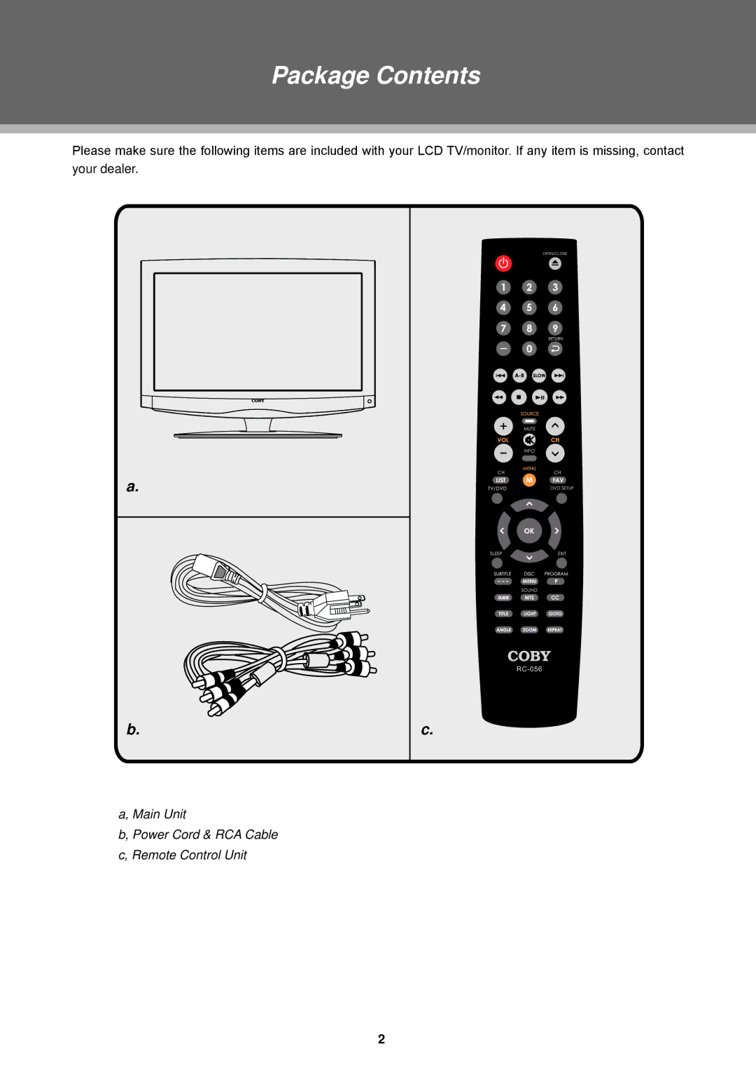 COBY electronic TFDVD2295S2, TFDVD2495, TFDVD1995S2, TFDVD1595S3 manual Package Contents 