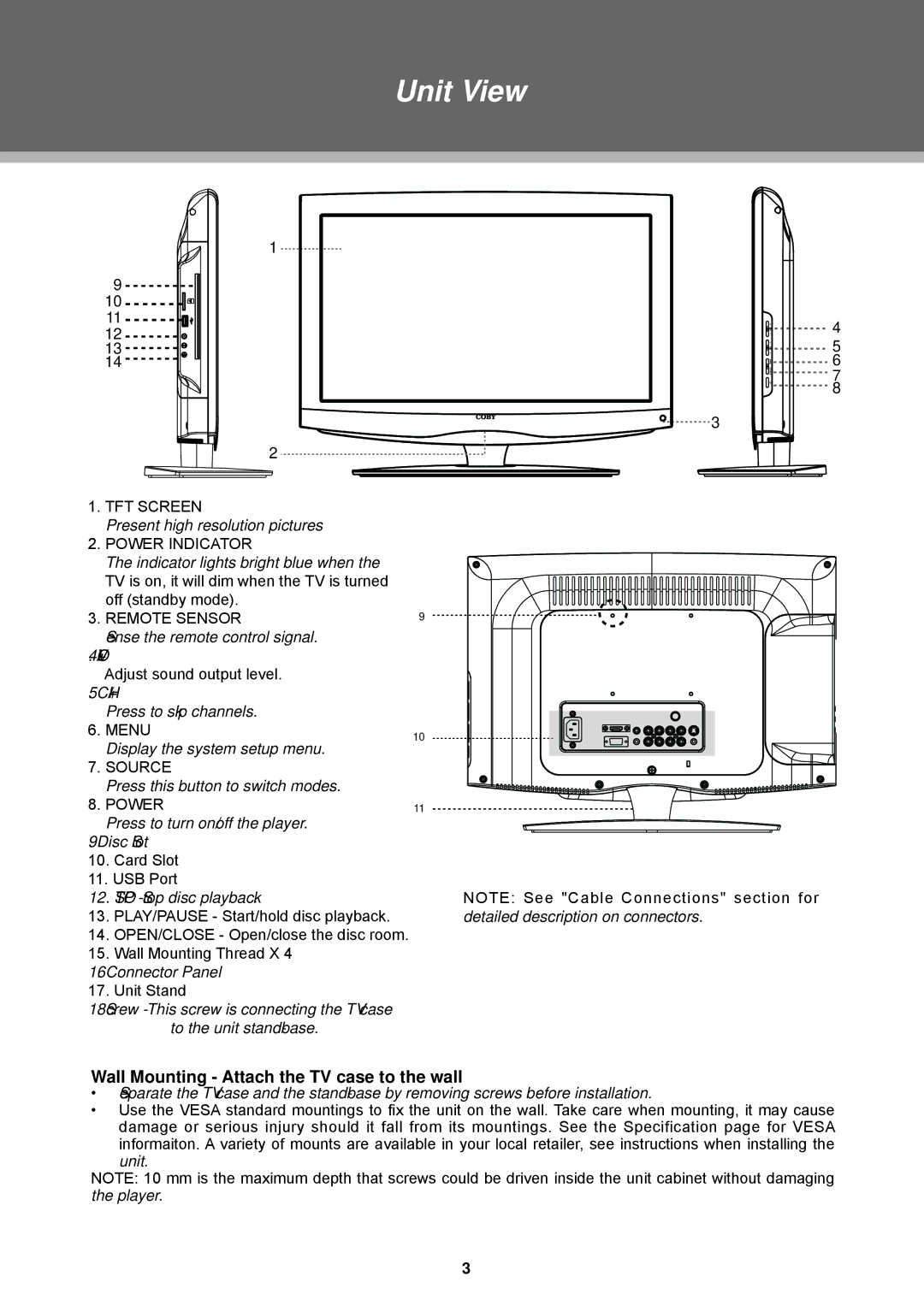 COBY electronic TFDVD2495, TFDVD1995S2, TFDVD1595S3, TFDVD2295S2 Unit View, Wall Mounting Attach the TV case to the wall 