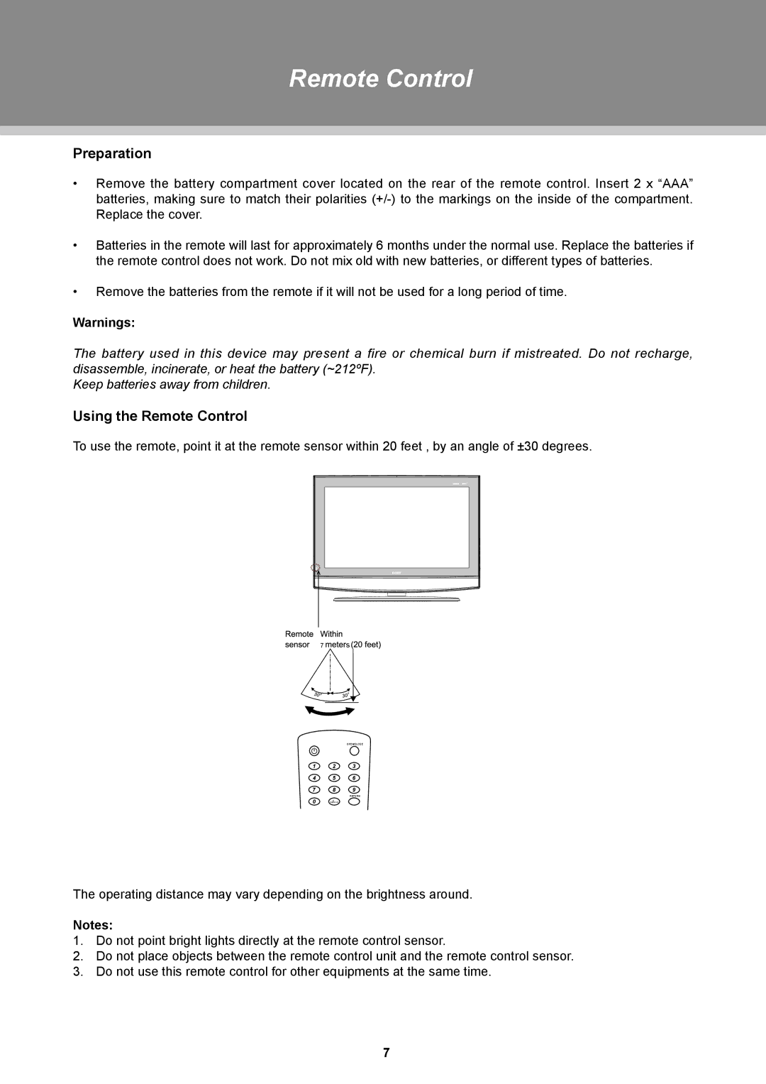 COBY electronic TFDVD3297, TFDVD2697 instruction manual Preparation, Using the Remote Control 