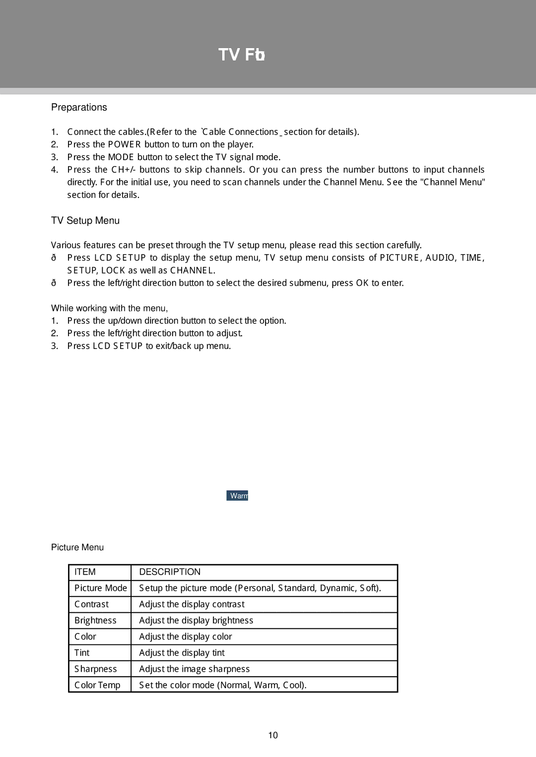 COBY electronic TFDVD2697, TFDVD3297 TV Function, Preparations, TV Setup Menu, While working with the menu, Picture Menu 