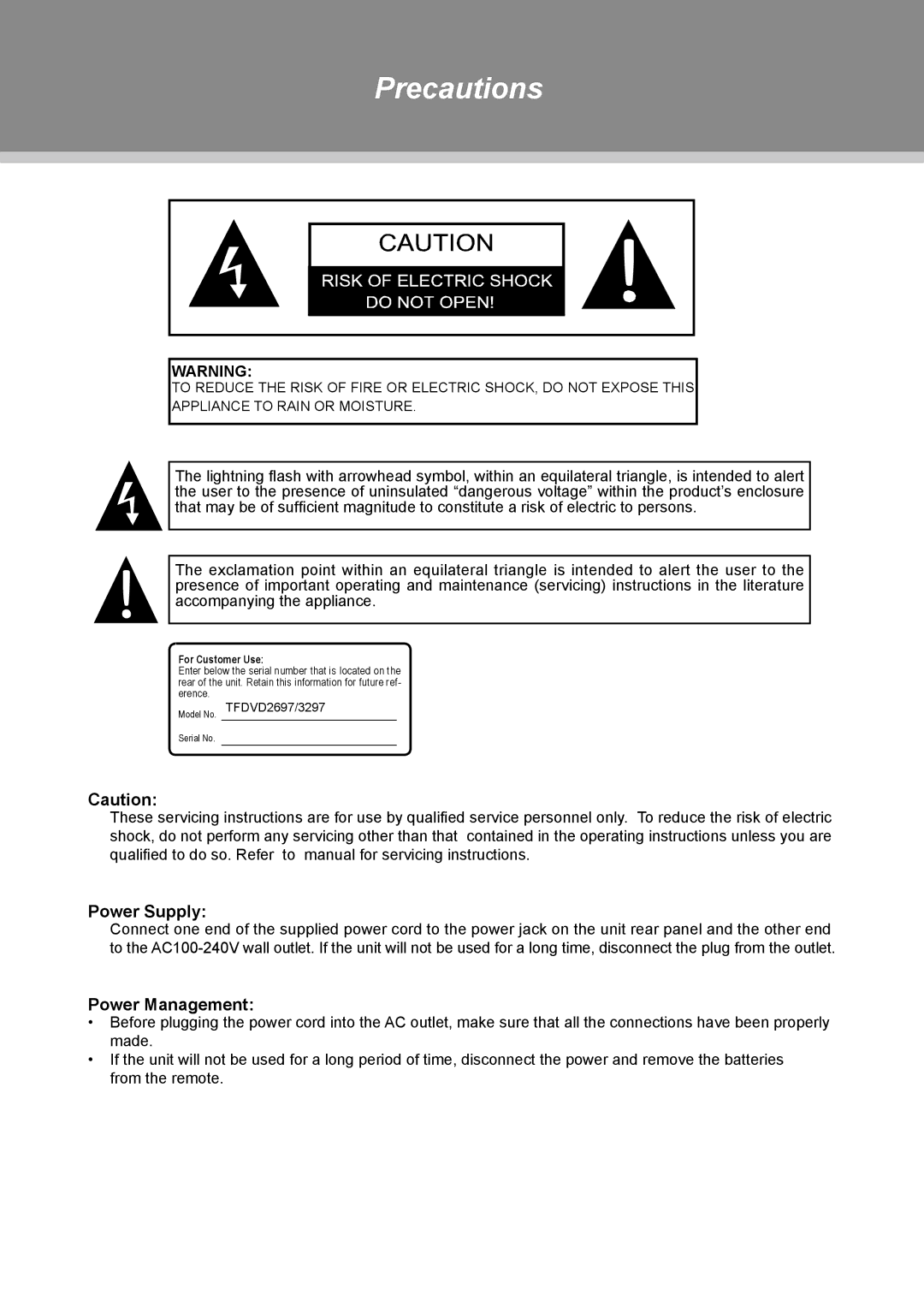 COBY electronic TFDVD2697, TFDVD3297 instruction manual Precautions, Power Supply, Power Management 