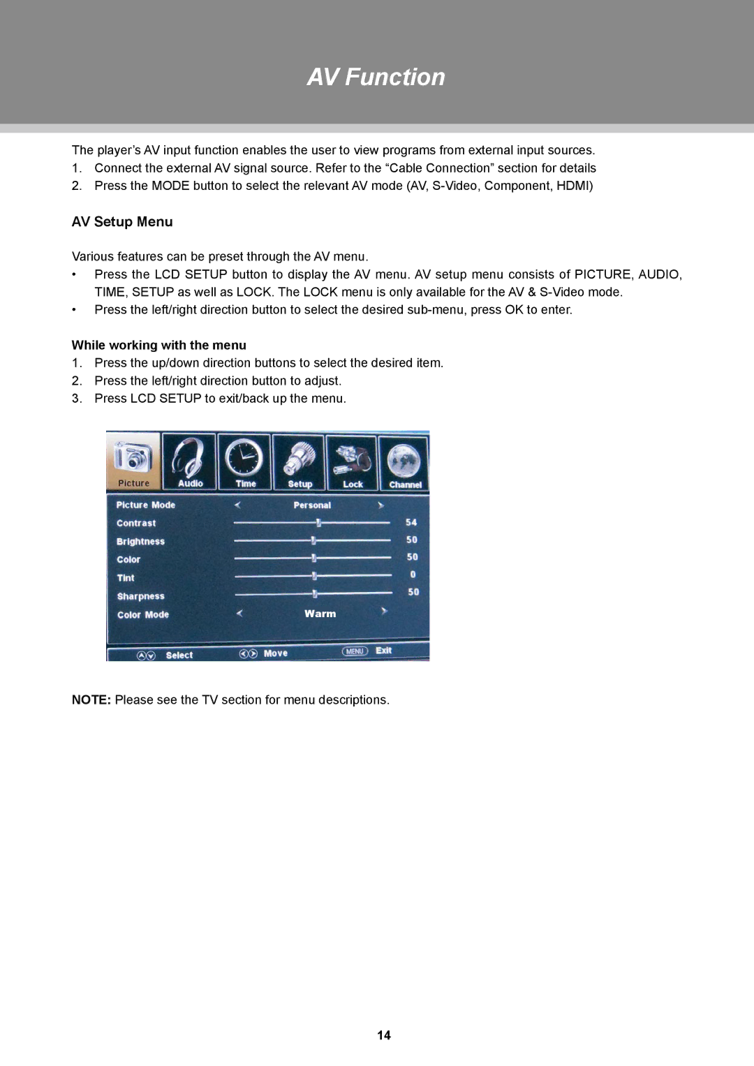 COBY electronic TFDVD2697, TFDVD3297 instruction manual AV Function, AV Setup Menu 