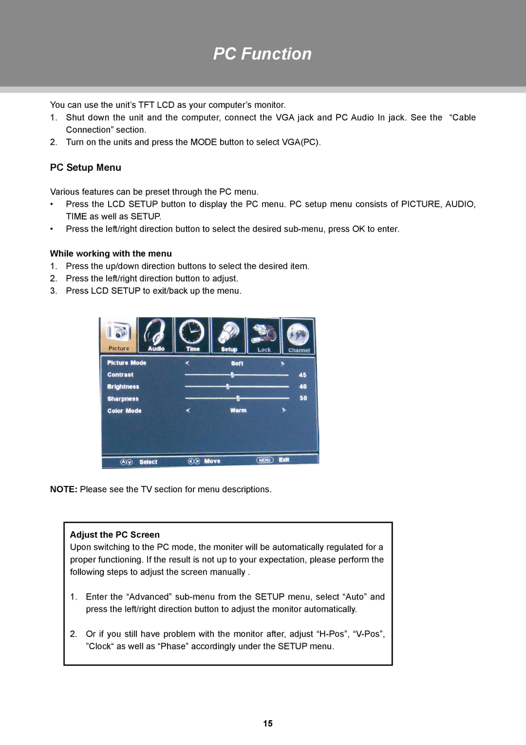 COBY electronic TFDVD3297, TFDVD2697 instruction manual PC Function, PC Setup Menu, Adjust the PC Screen 