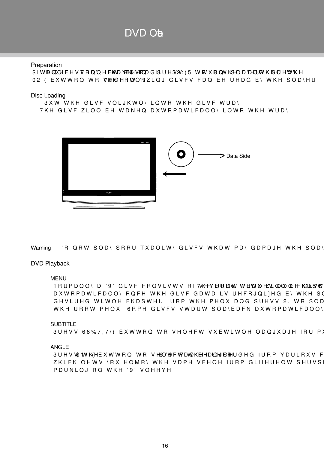 COBY electronic TFDVD2697, TFDVD3297 instruction manual DVD Operation, Disc Loading, DVD Playback 