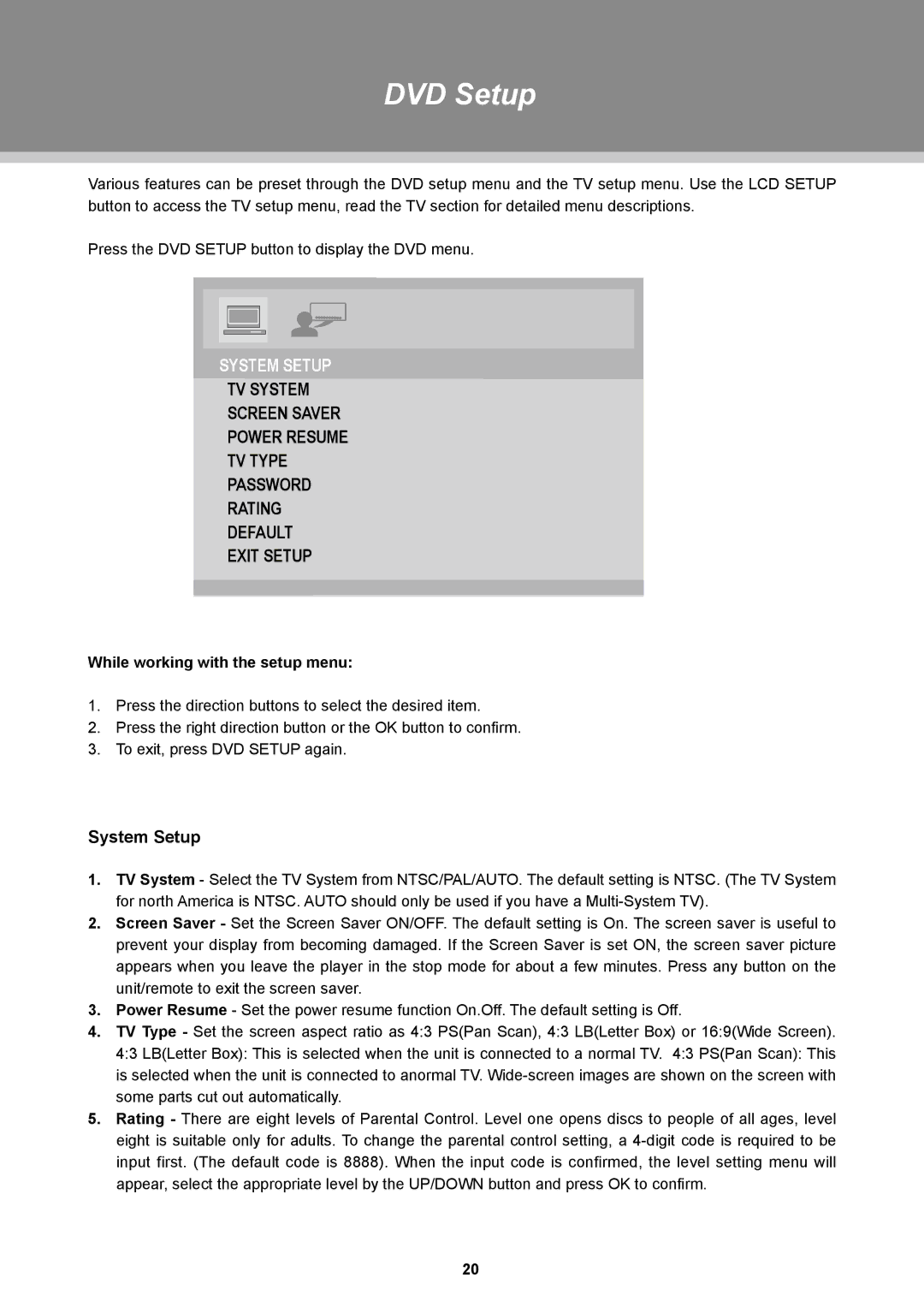 COBY electronic TFDVD2697, TFDVD3297 instruction manual DVD Setup, System Setup, While working with the setup menu 