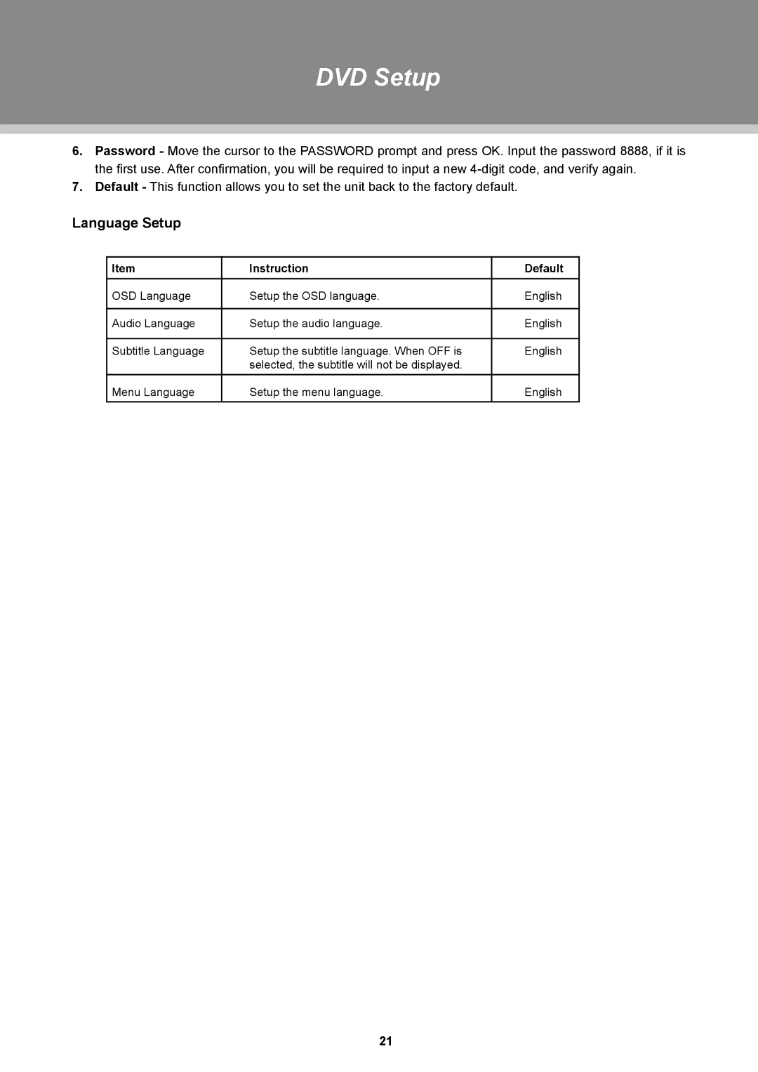 COBY electronic TFDVD3297, TFDVD2697 instruction manual Language Setup, Instruction Default 