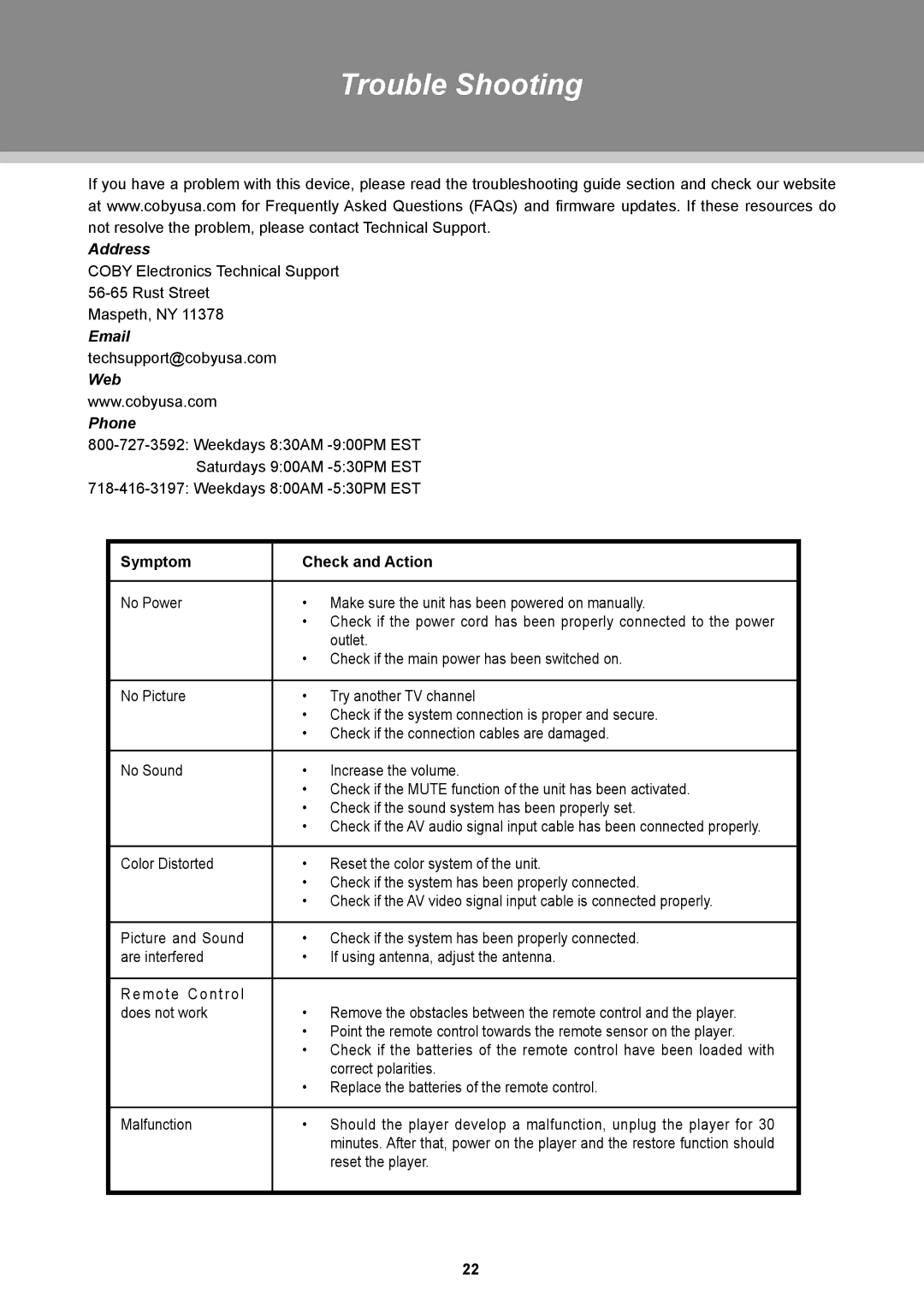 COBY electronic TFDVD2697, TFDVD3297 instruction manual Trouble Shooting, Symptom Check and Action 