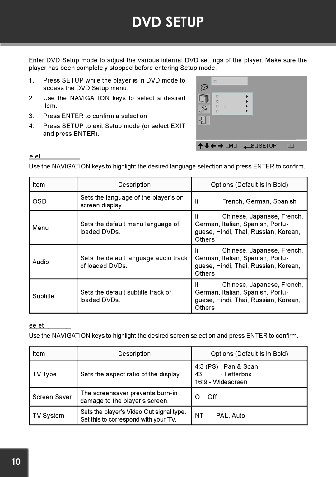 COBY electronic TFDVD5605 instruction manual DVD Setup, Language Setup, Screen Setup, On, Off 