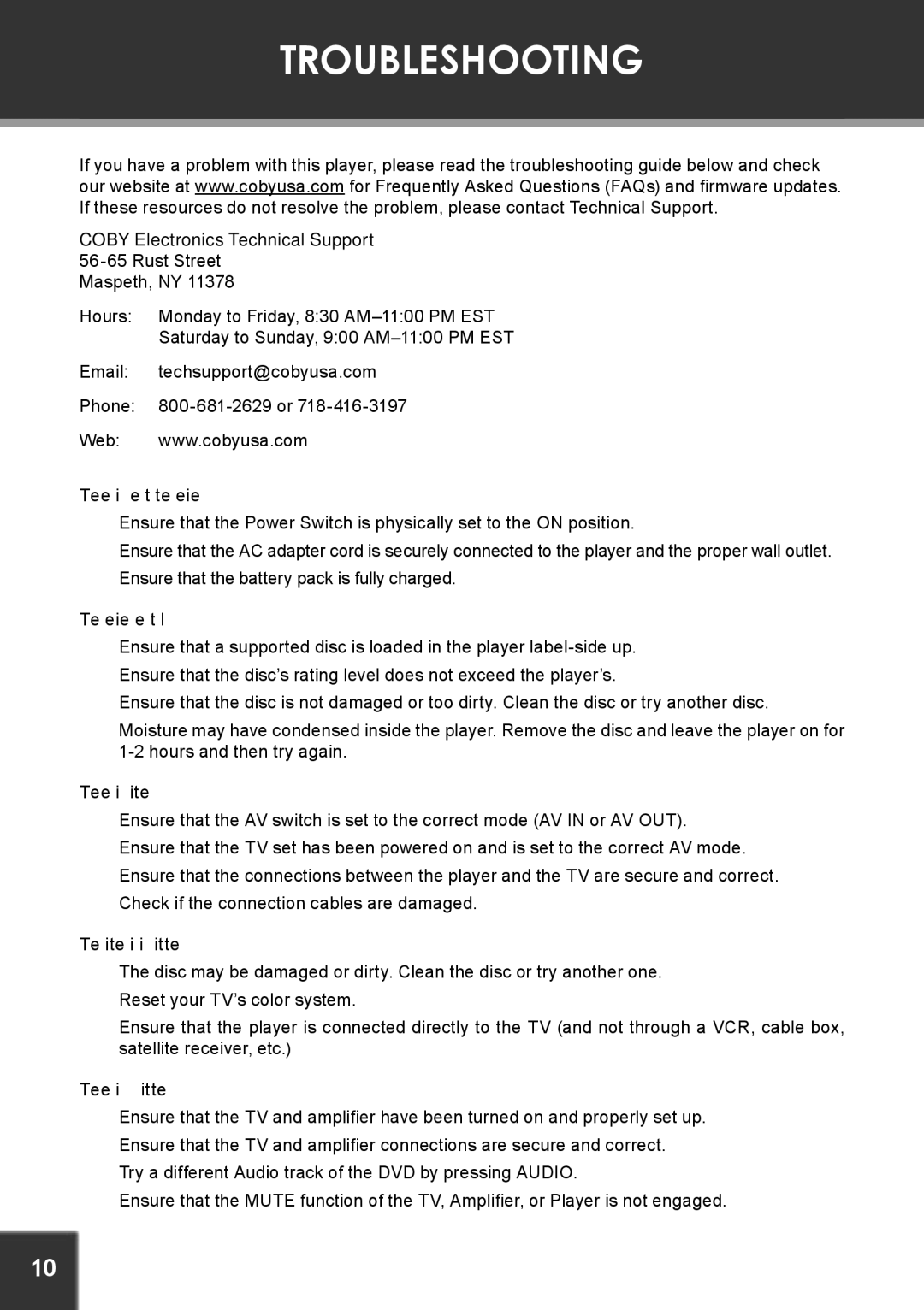 COBY electronic TFDVD5605 instruction manual Troubleshooting, Coby Electronics Technical Support 