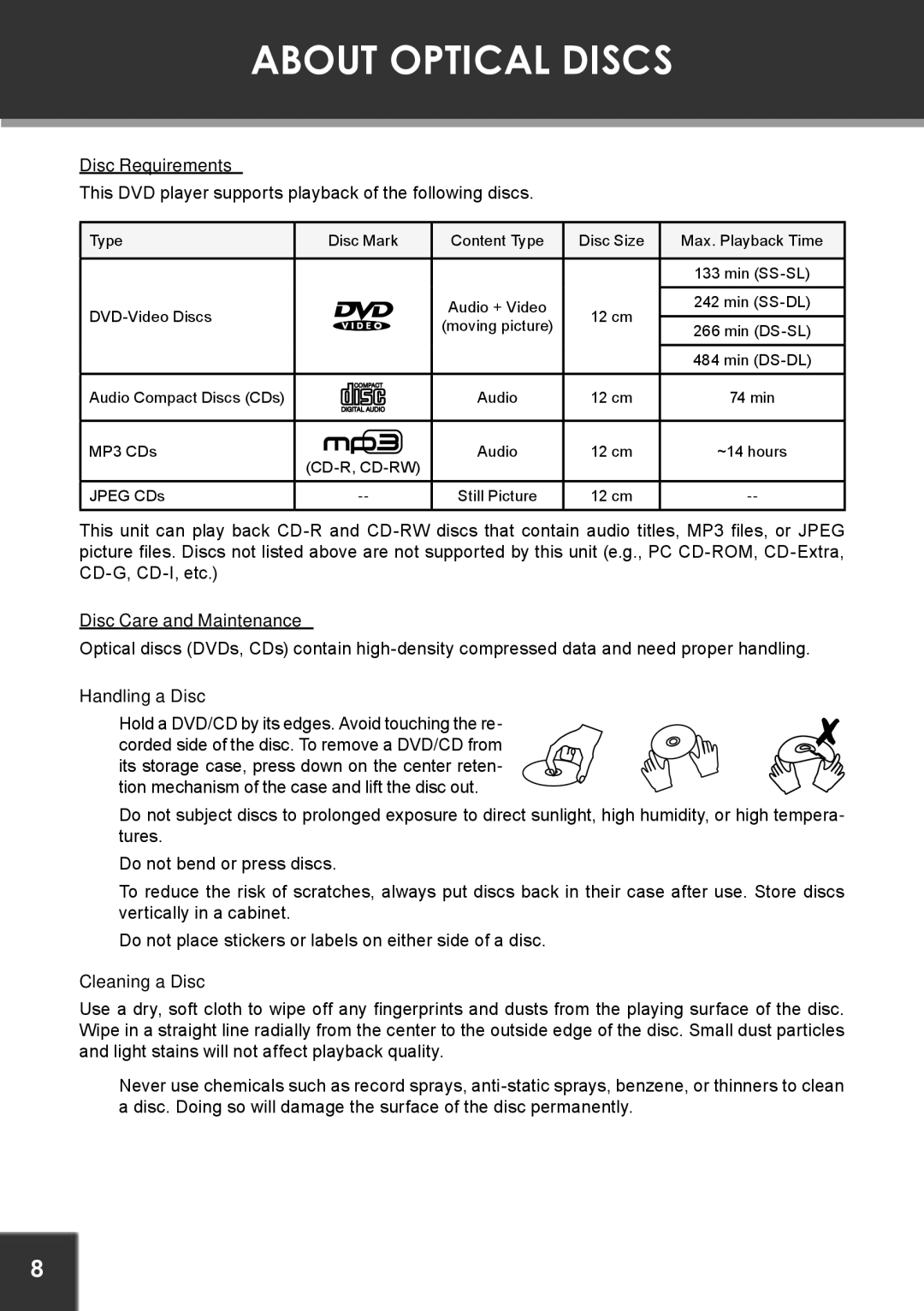 COBY electronic TFDVD5605 About Optical Discs, Disc Requirements, Disc Care and Maintenance, Handling a Disc 