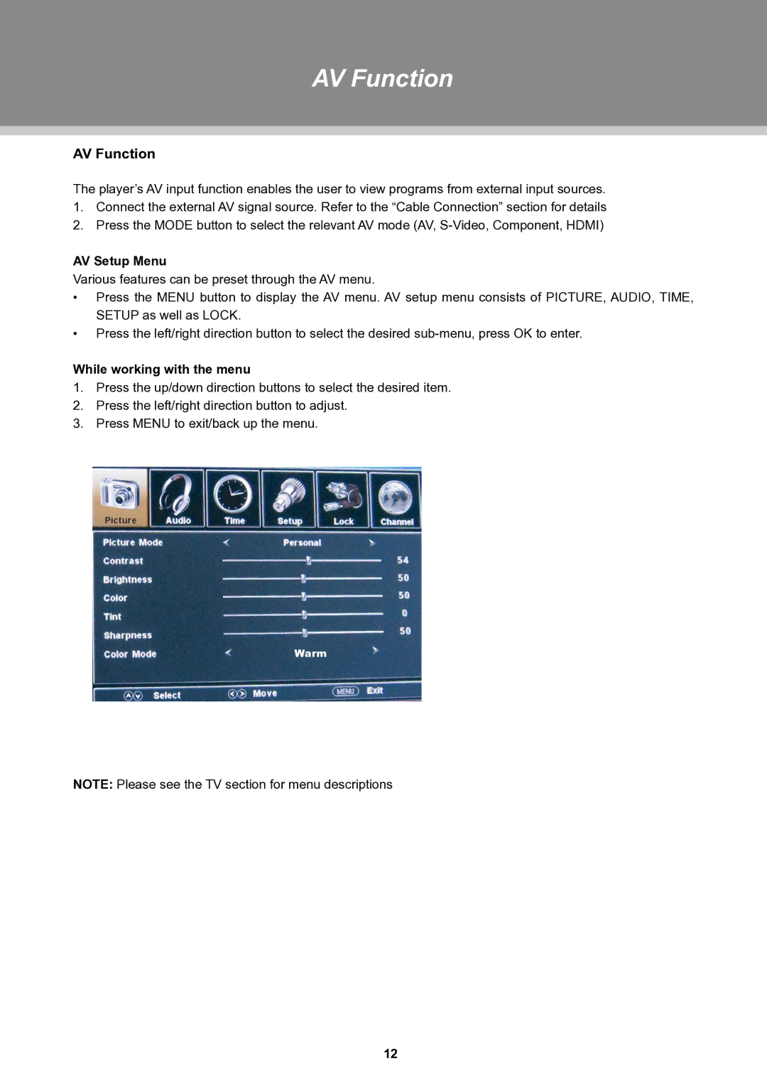 COBY electronic TFTV1525 instruction manual AV Function, AV Setup Menu 