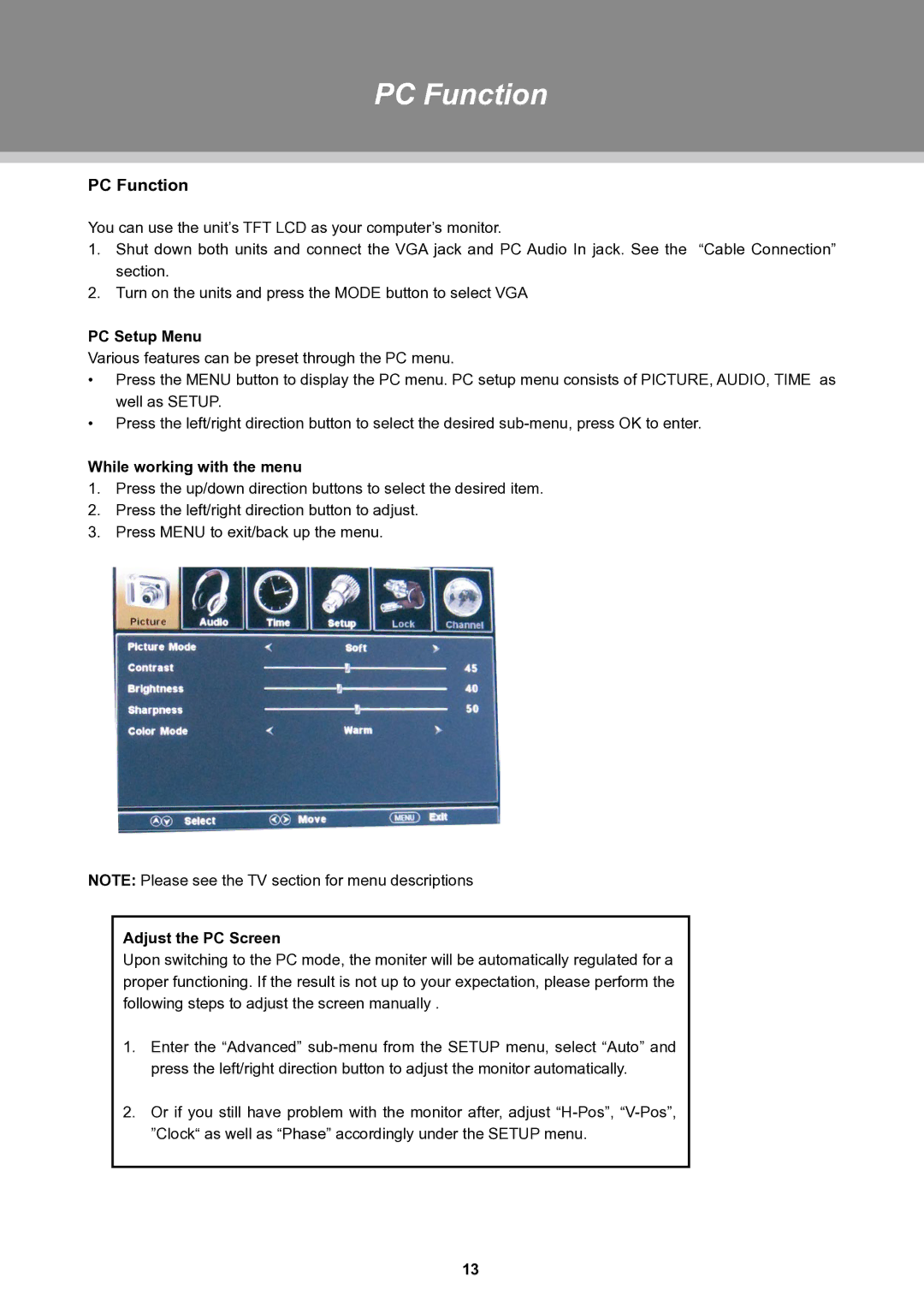 COBY electronic TFTV1525 instruction manual PC Function, PC Setup Menu, Adjust the PC Screen 