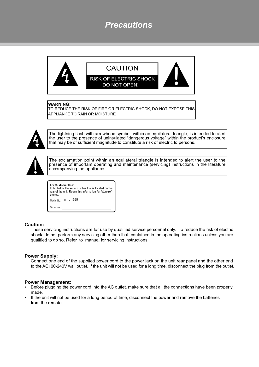 COBY electronic TFTV1525 instruction manual Precautions, Power Supply, Power Management 