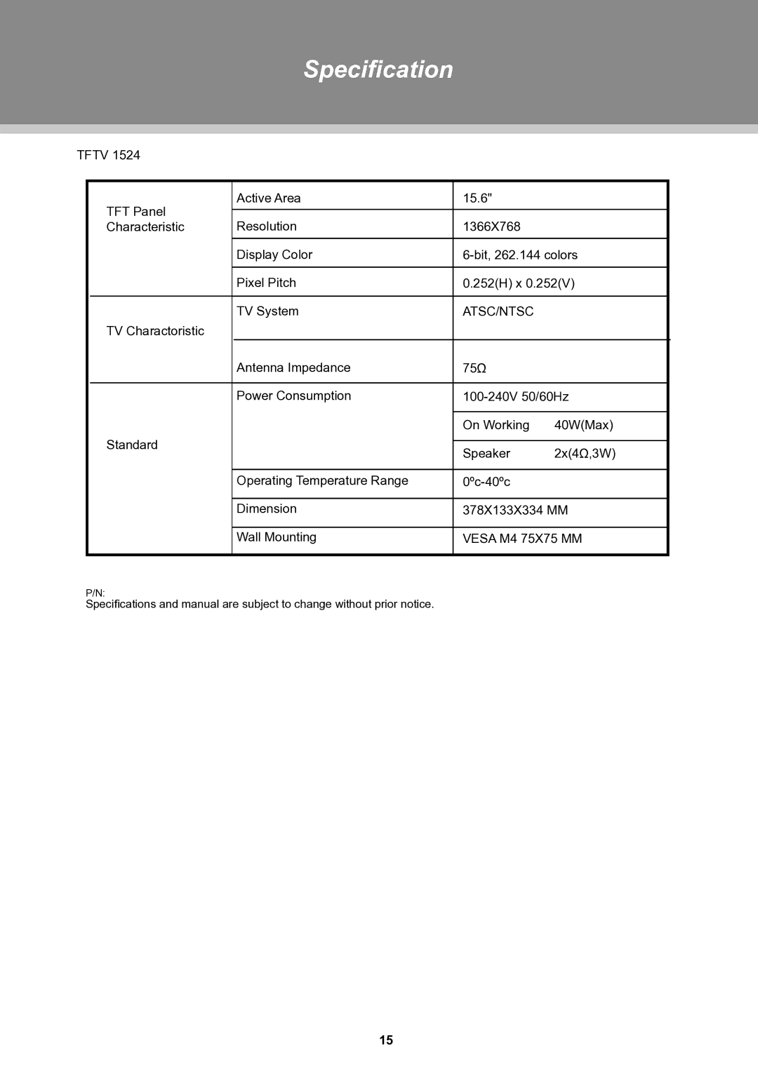 COBY electronic TFTV1525 instruction manual Specification, Atsc/Ntsc 