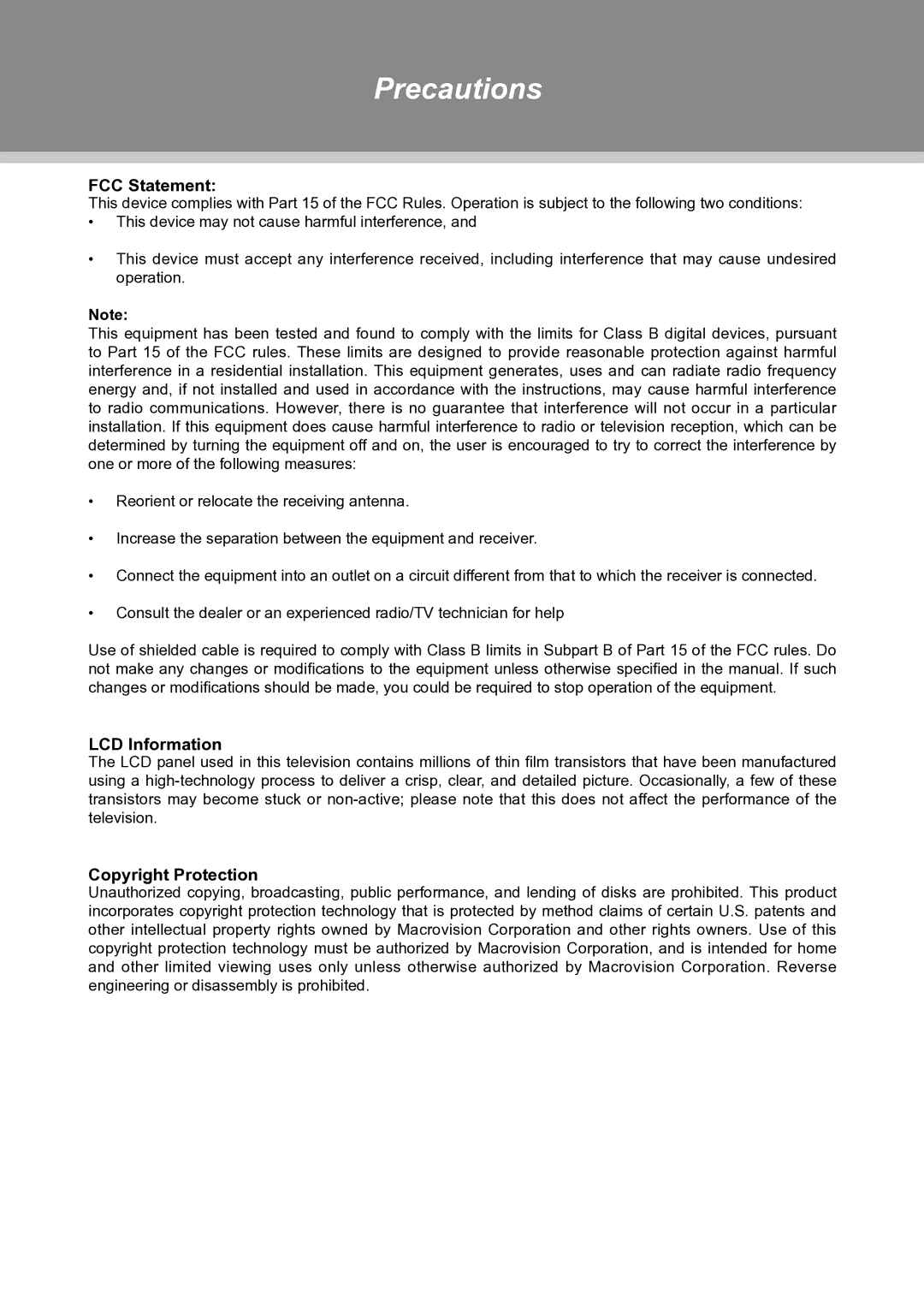 COBY electronic TFTV1525 instruction manual FCC Statement, LCD Information, Copyright Protection 