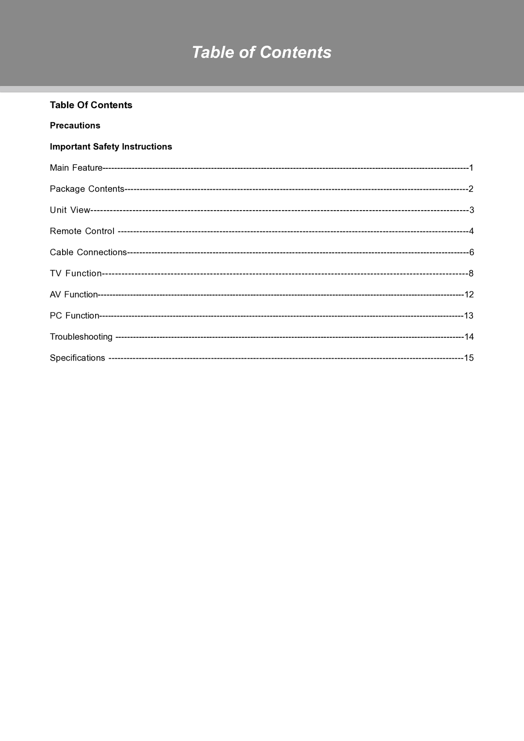 COBY electronic TFTV1525 instruction manual Table of Contents 