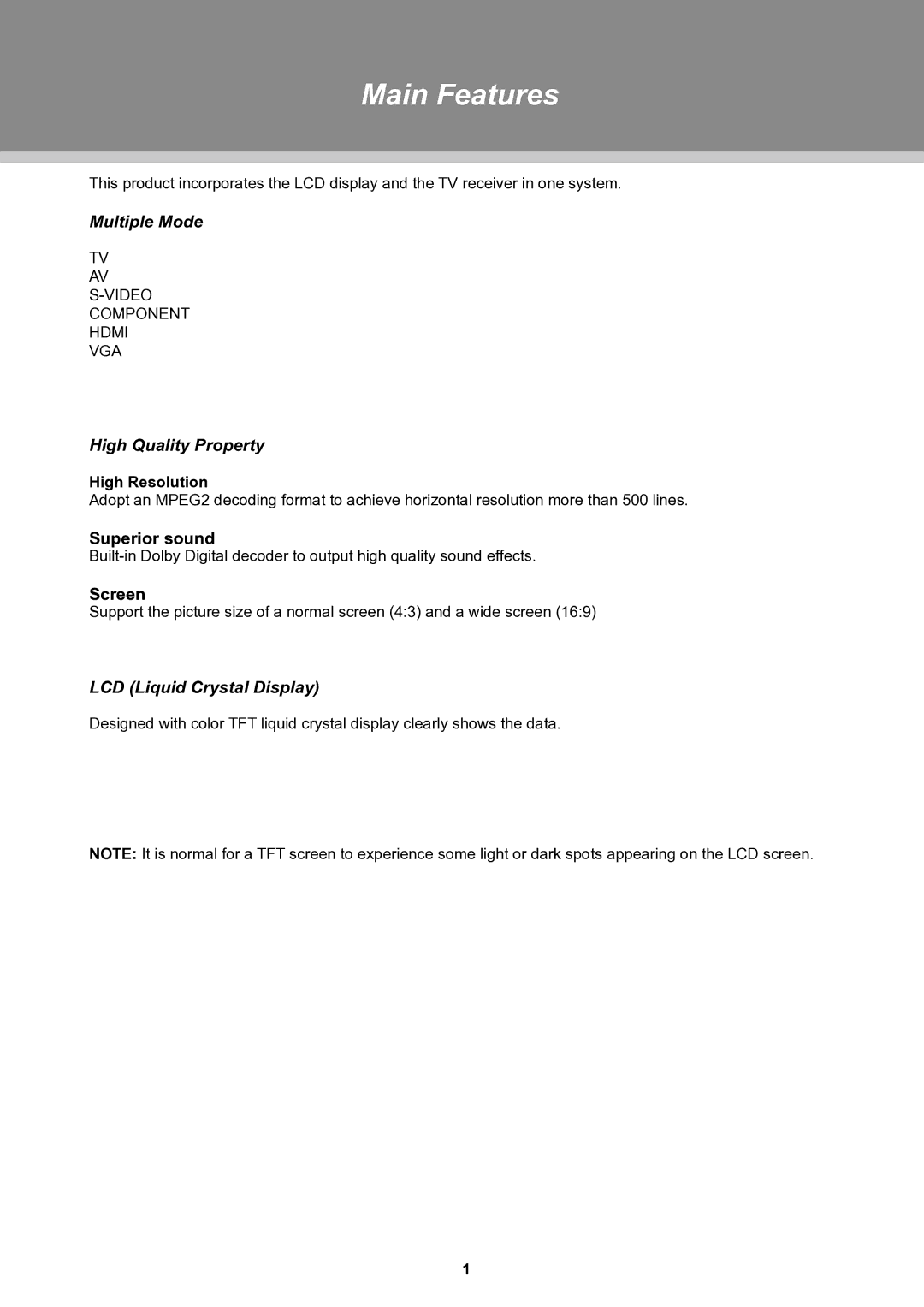 COBY electronic TFTV1525 instruction manual Main Features, Superior sound, Screen, High Resolution 