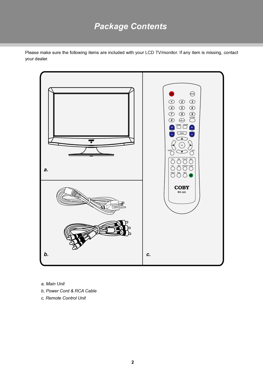 COBY electronic TFTV1525 instruction manual Package Contents 