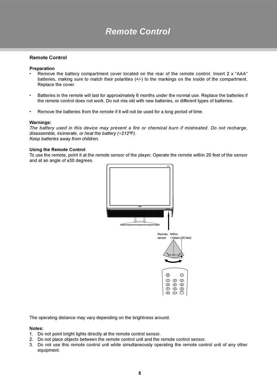 COBY electronic TFTV1524, TFTV2224, TFTV1923 instruction manual Preparation, Using the Remote Control 