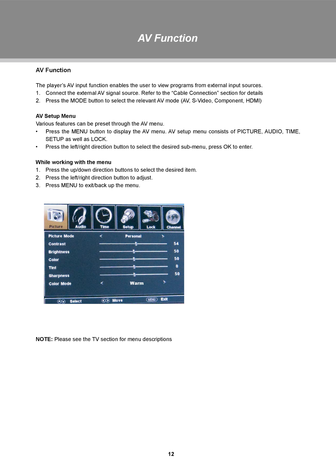 COBY electronic TFTV2224, TFTV1923, TFTV1524 instruction manual AV Function, AV Setup Menu 