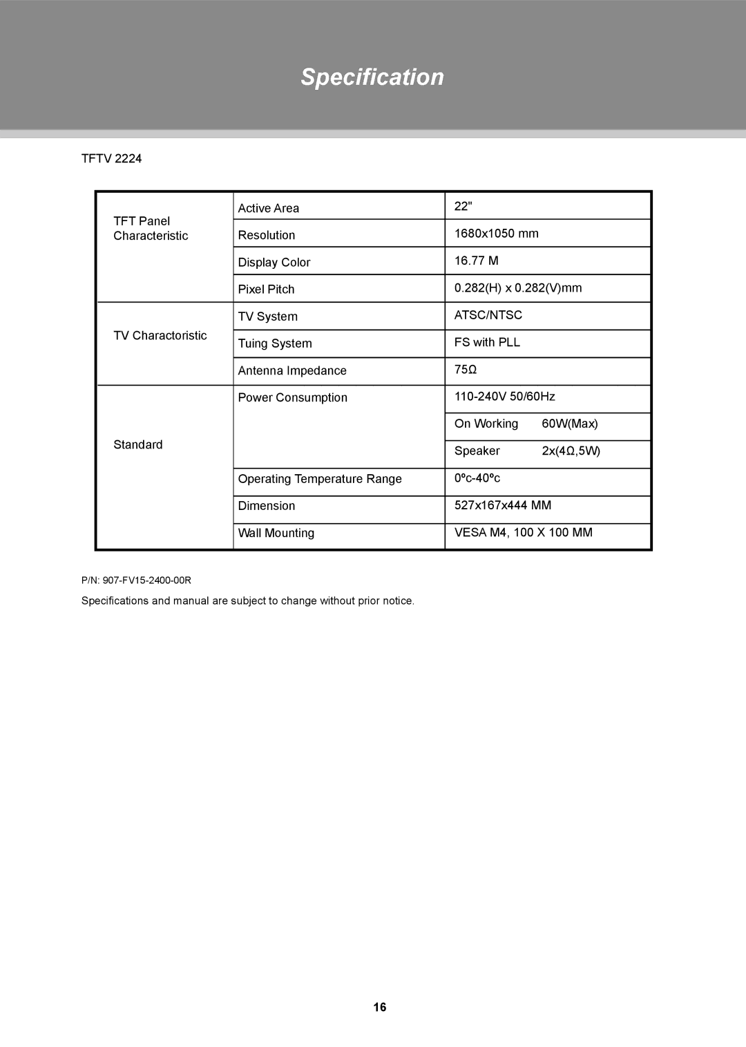 COBY electronic TFTV1923, TFTV2224, TFTV1524 instruction manual 907-FV15-2400-00R 