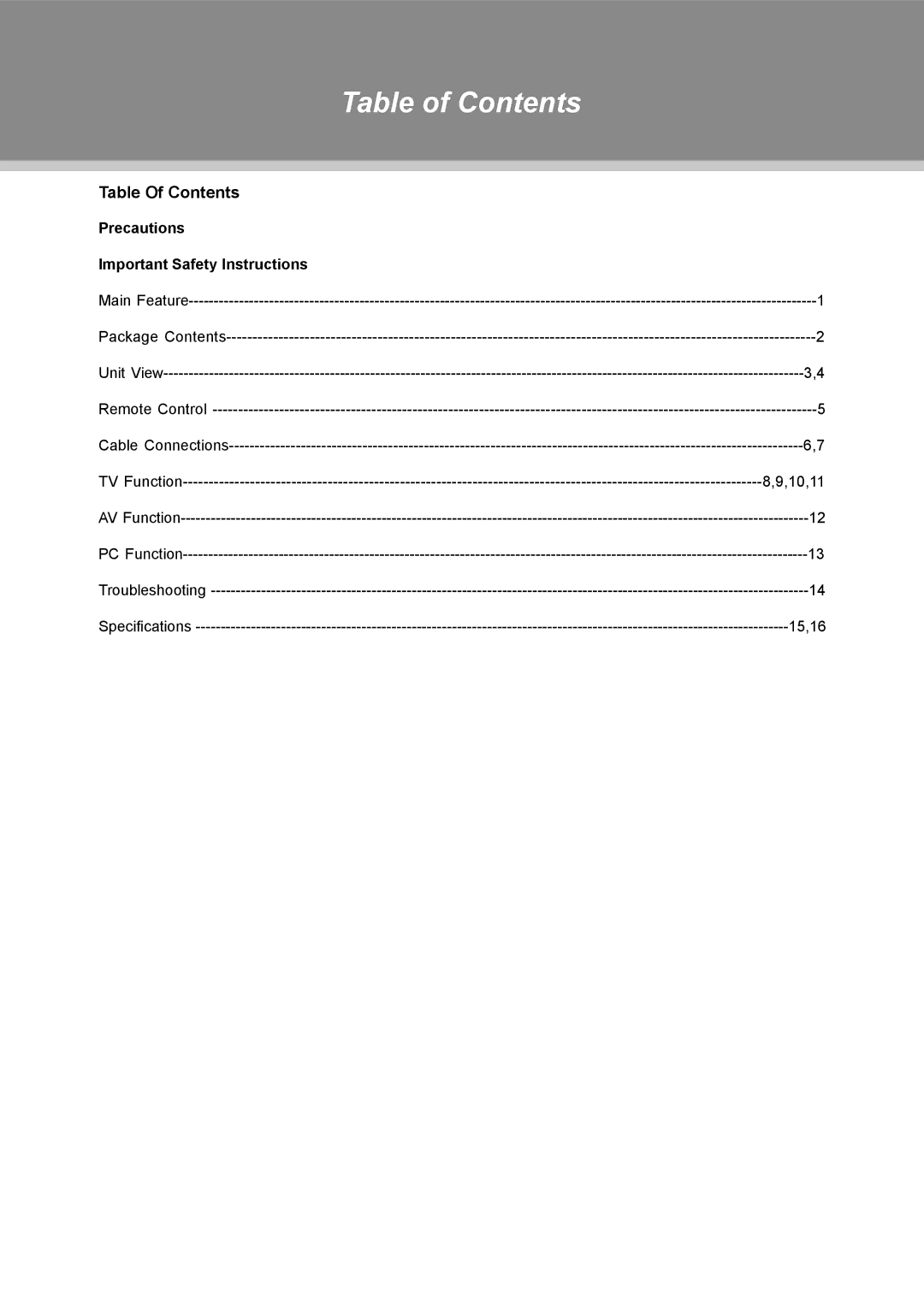 COBY electronic TFTV2224, TFTV1923, TFTV1524 instruction manual Table of Contents 