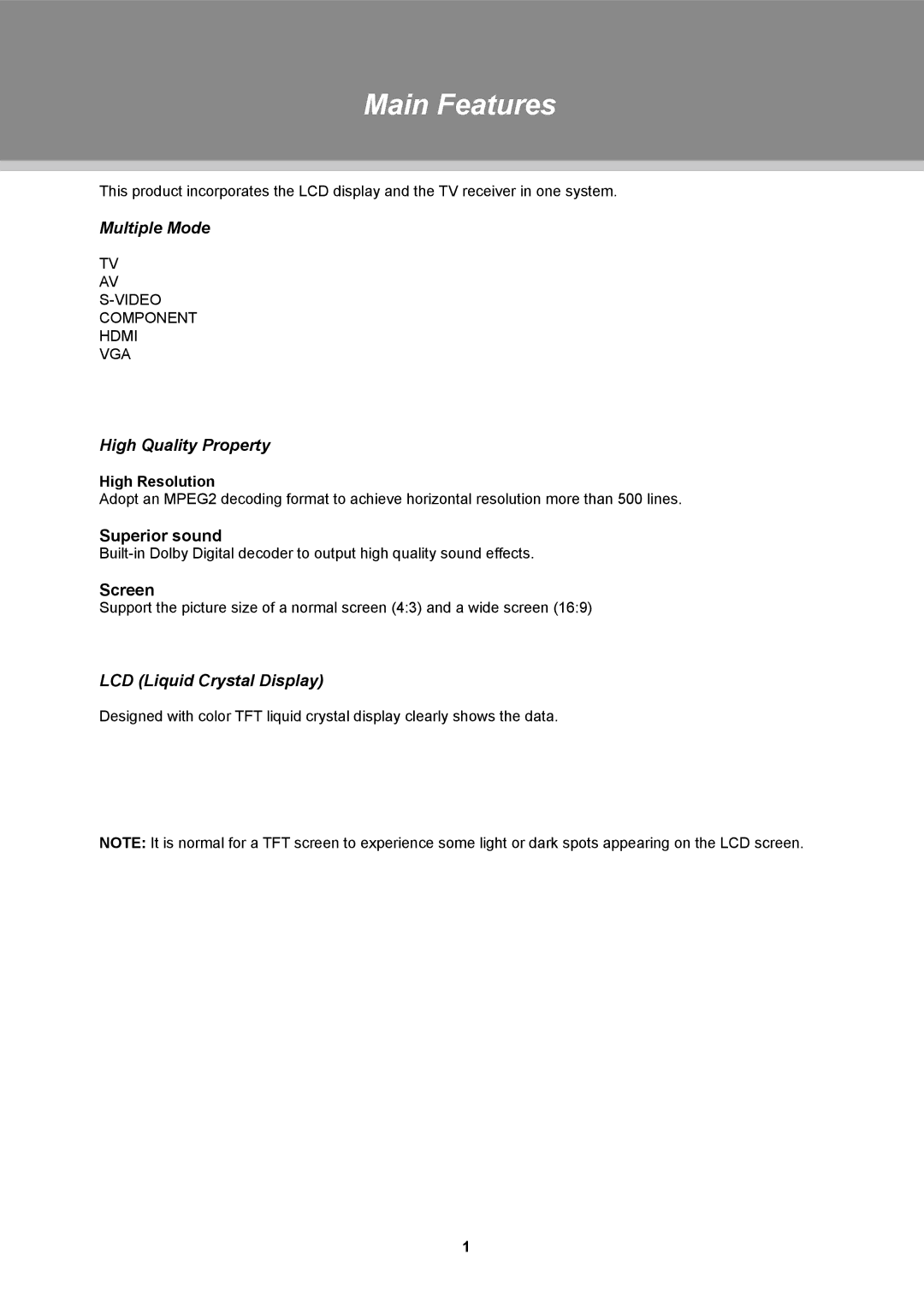 COBY electronic TFTV1923, TFTV2224, TFTV1524 instruction manual Main Features, Superior sound, Screen, High Resolution 