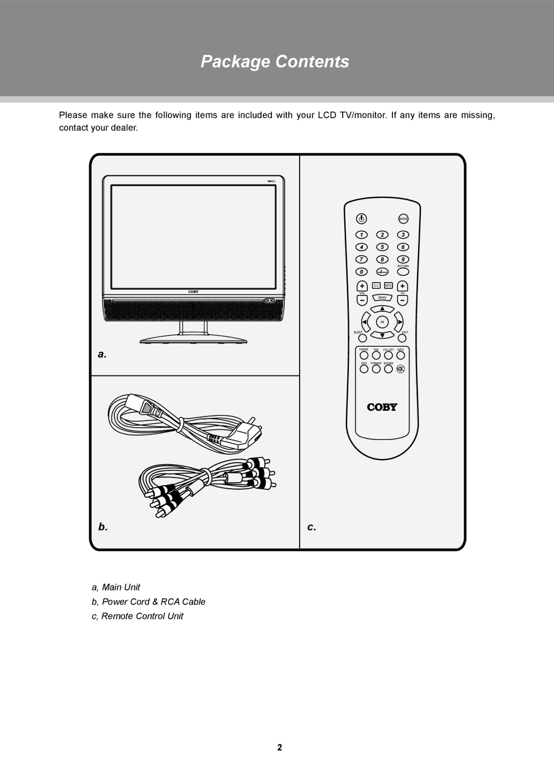 COBY electronic TFTV1524, TFTV2224, TFTV1923 instruction manual Package Contents 