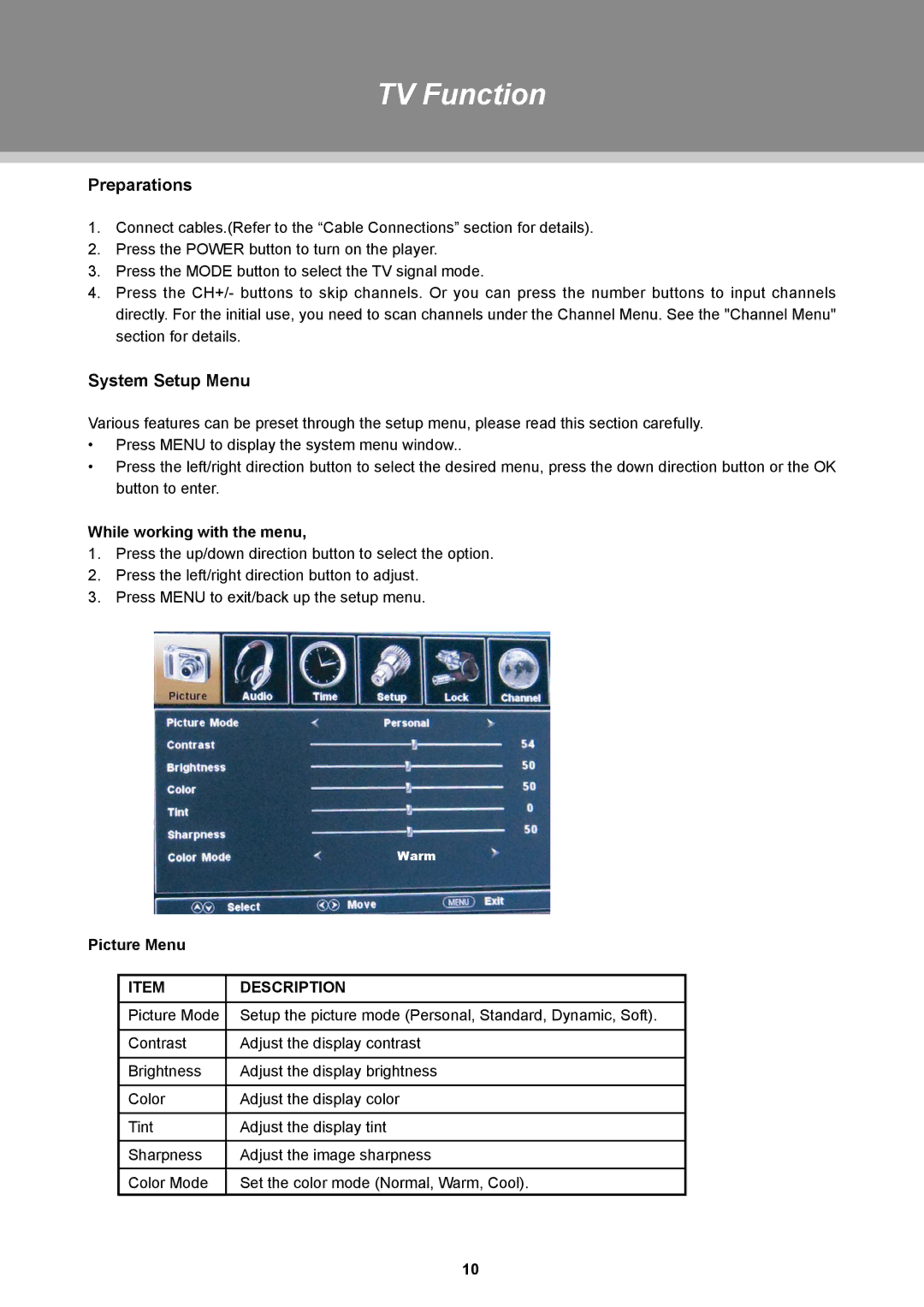 COBY electronic TFTV2225, TFTV1925 TV Function, Preparations, System Setup Menu, While working with the menu, Picture Menu 