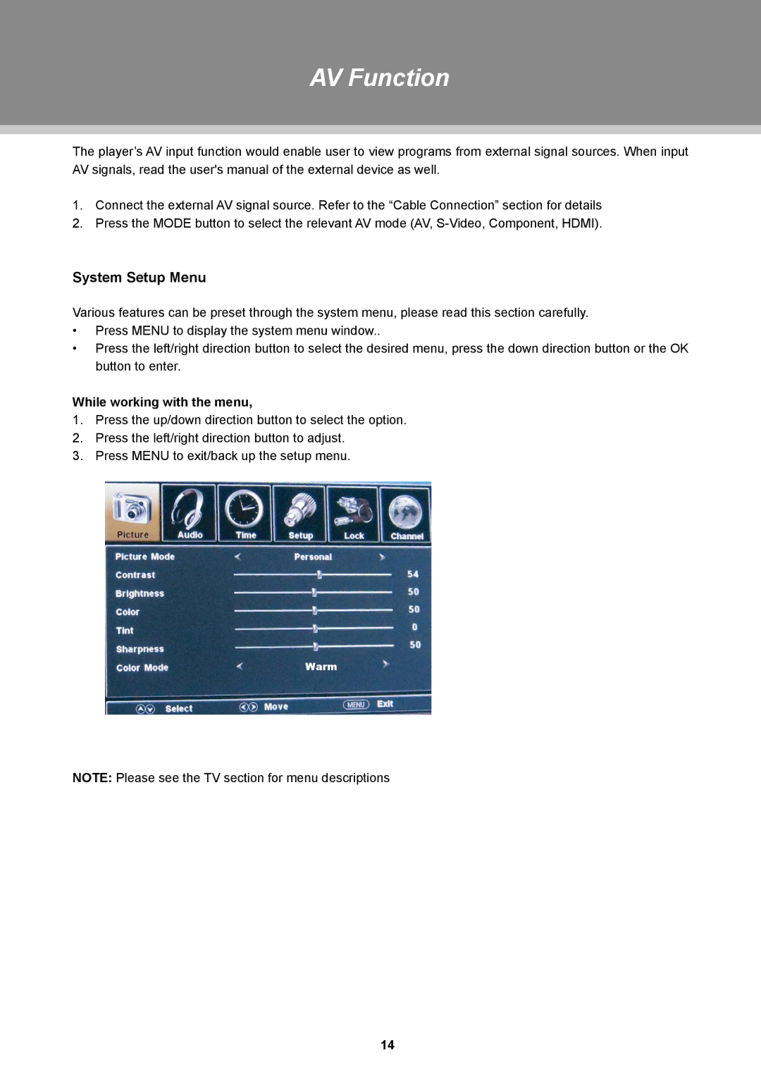 COBY electronic TFTV2225, TFTV1925 instruction manual AV Function, System Setup Menu 